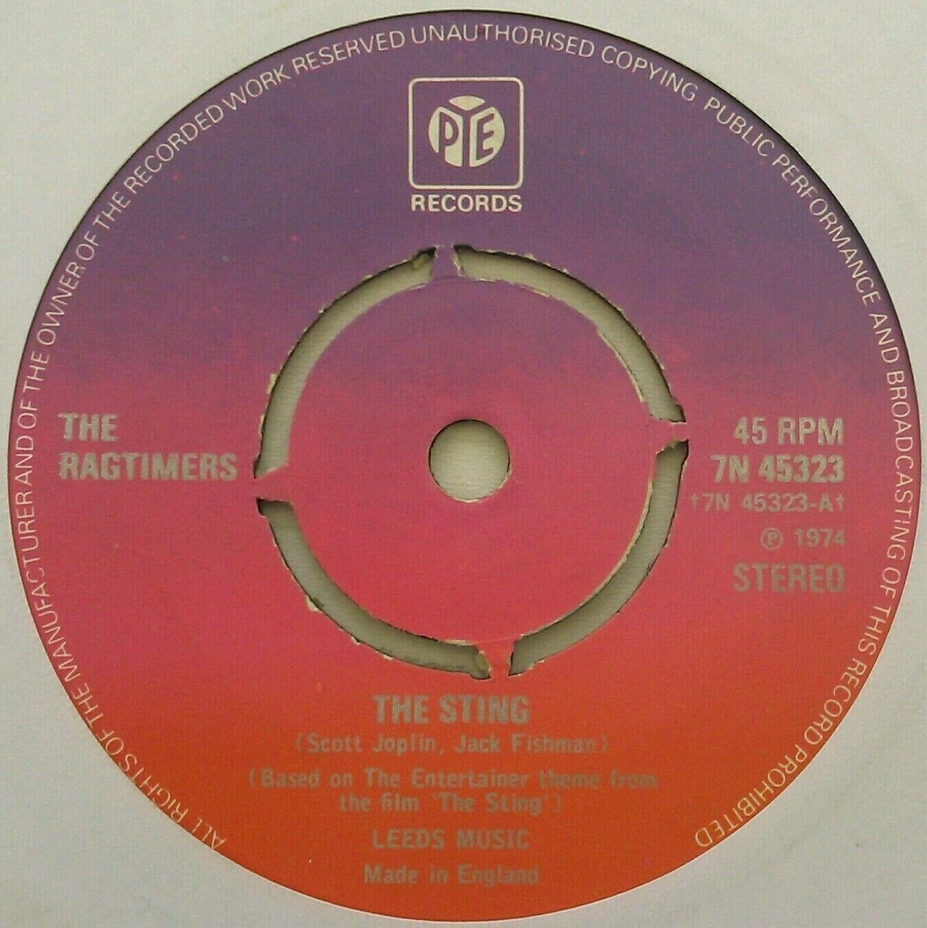 The Ragtimers - The Sting (Pye, 1974) 7" vinyl single VG/-