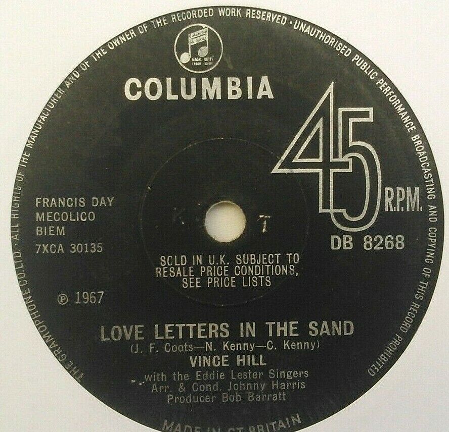 Vince Hill – Love Letters In The Sand (Columbia, 1967) 7" vinyl single VG/-