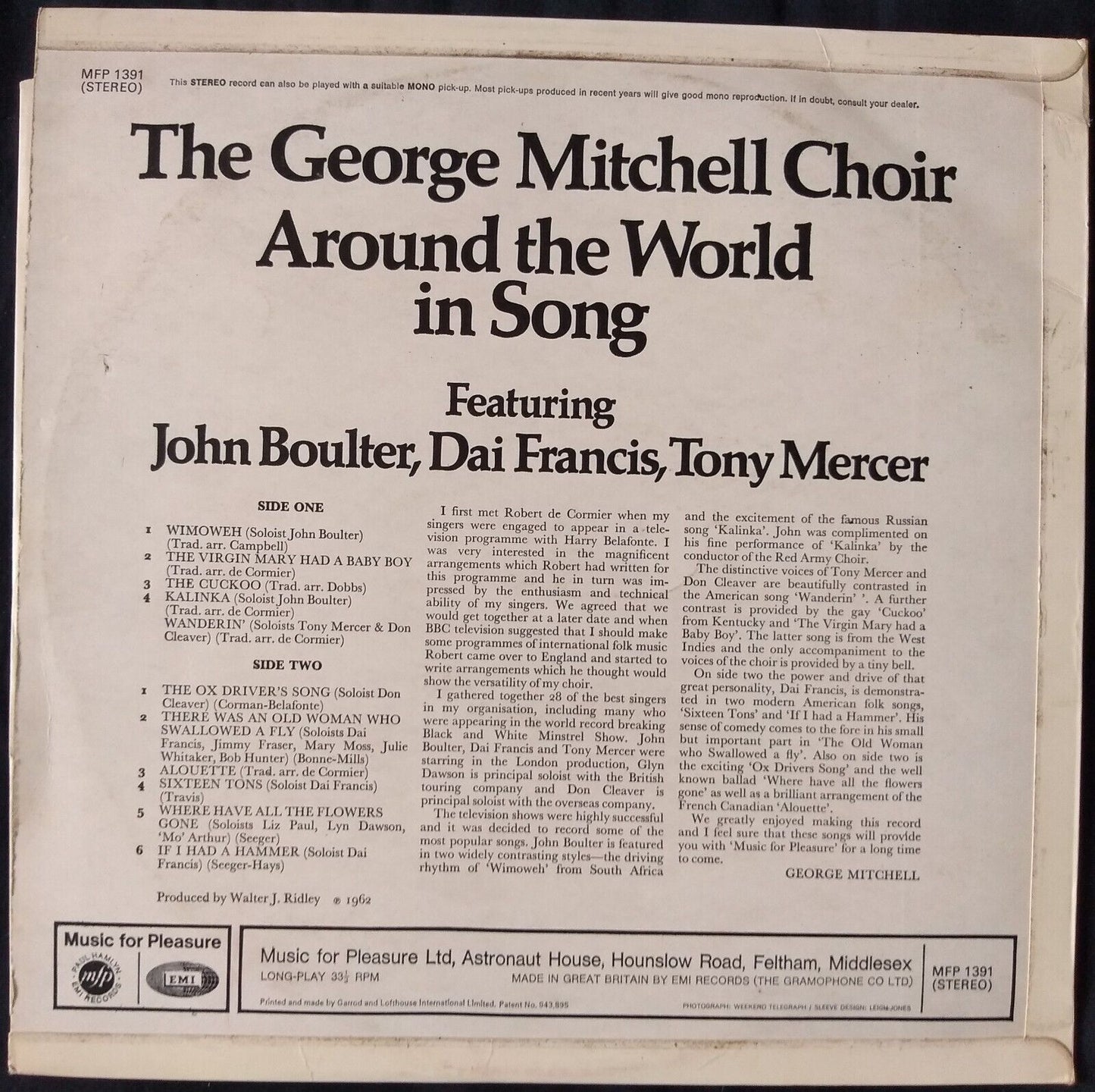 The George Mitchell Choir - Around The World In Song (EMI 1970) 12" vinyl LP VG