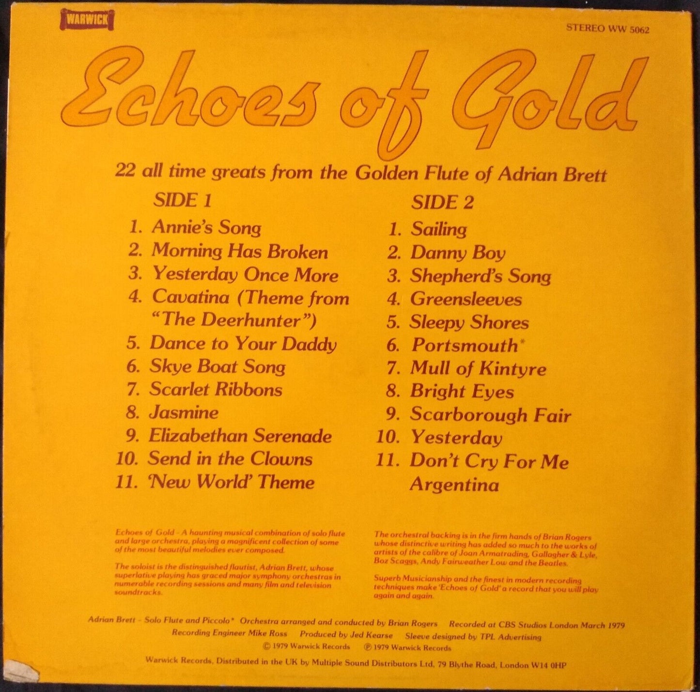 Adrian Brett - Echoes Of Gold: Golden Flute (Warwick 1979) 12" vinyl LP VG/VG