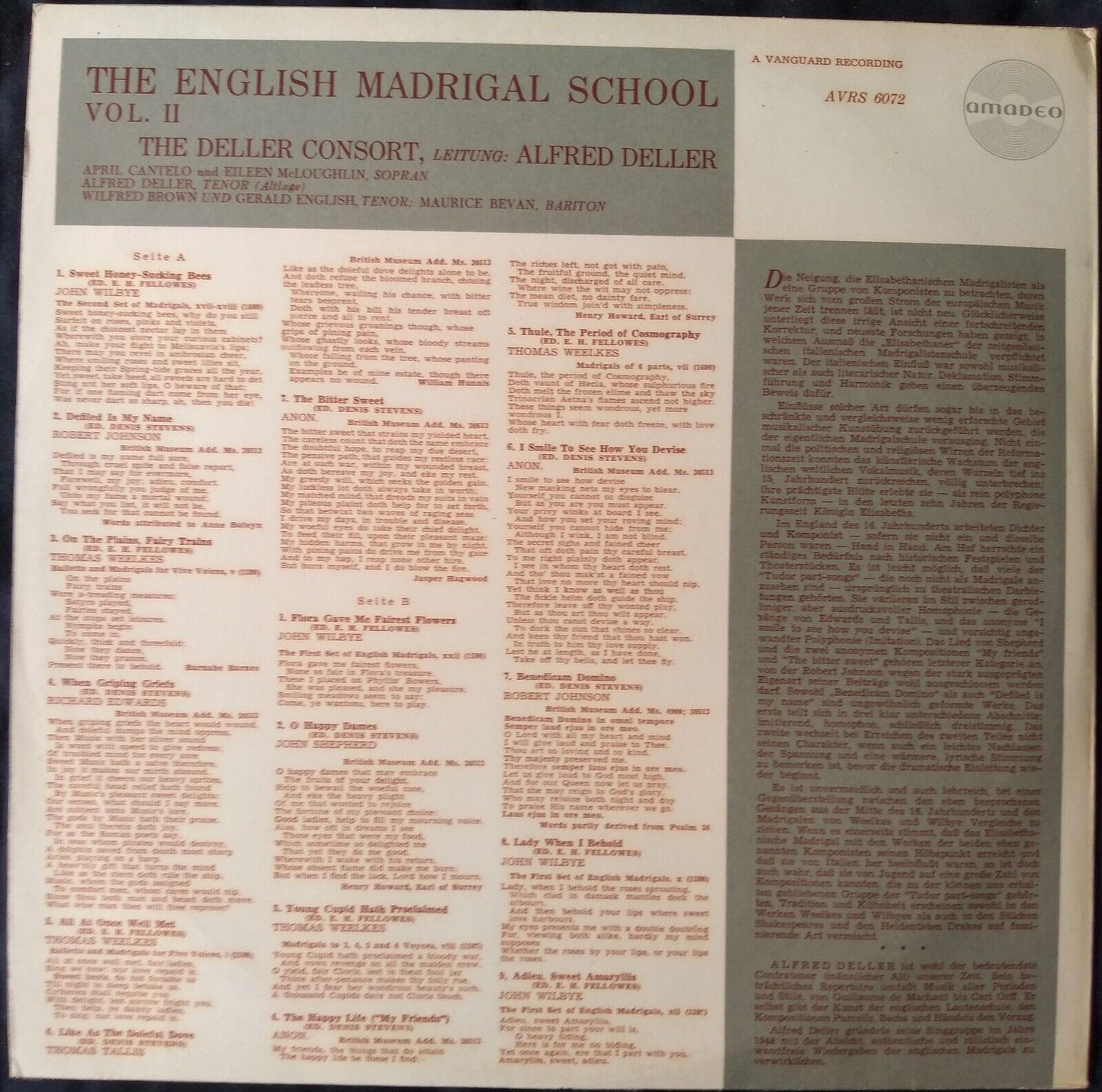 Deller Consort - English Madrigal School Vol II (Amadeo) 12" vinyl LP VG/VG