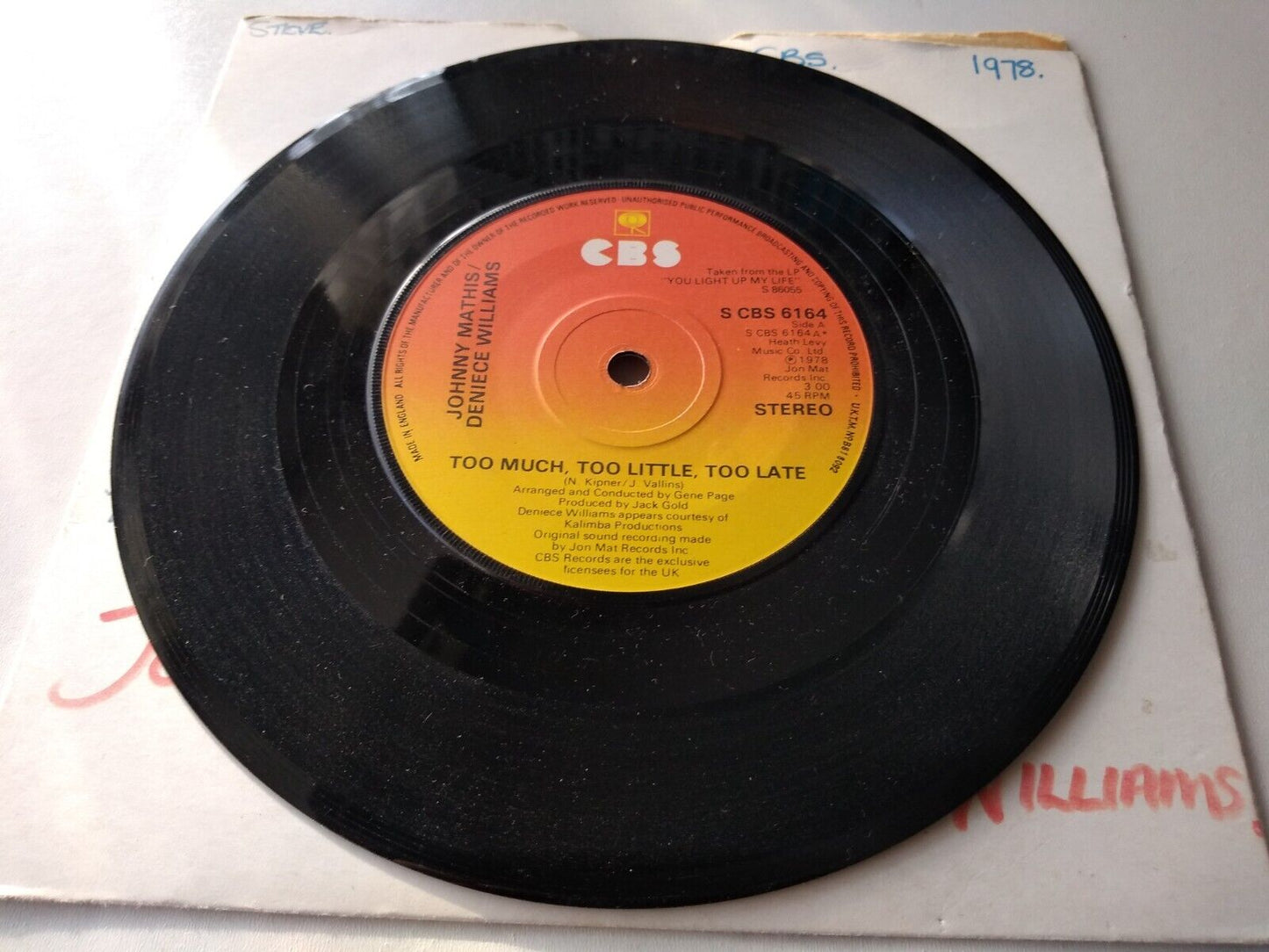 Johnny Mathis / Deniece Williams – Too Much, Too Little, Too Late 7" single VG/-