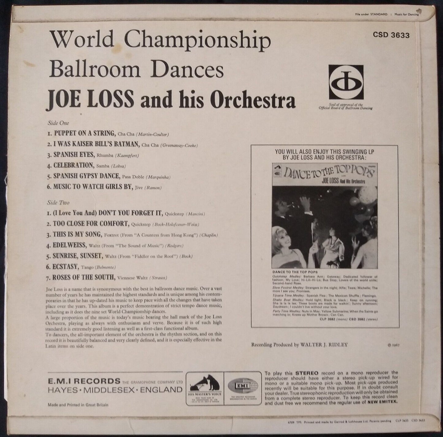 Joe Loss - World Championship Ballroom Dances (EMI 1967) 12" vinyl LP VG/VG