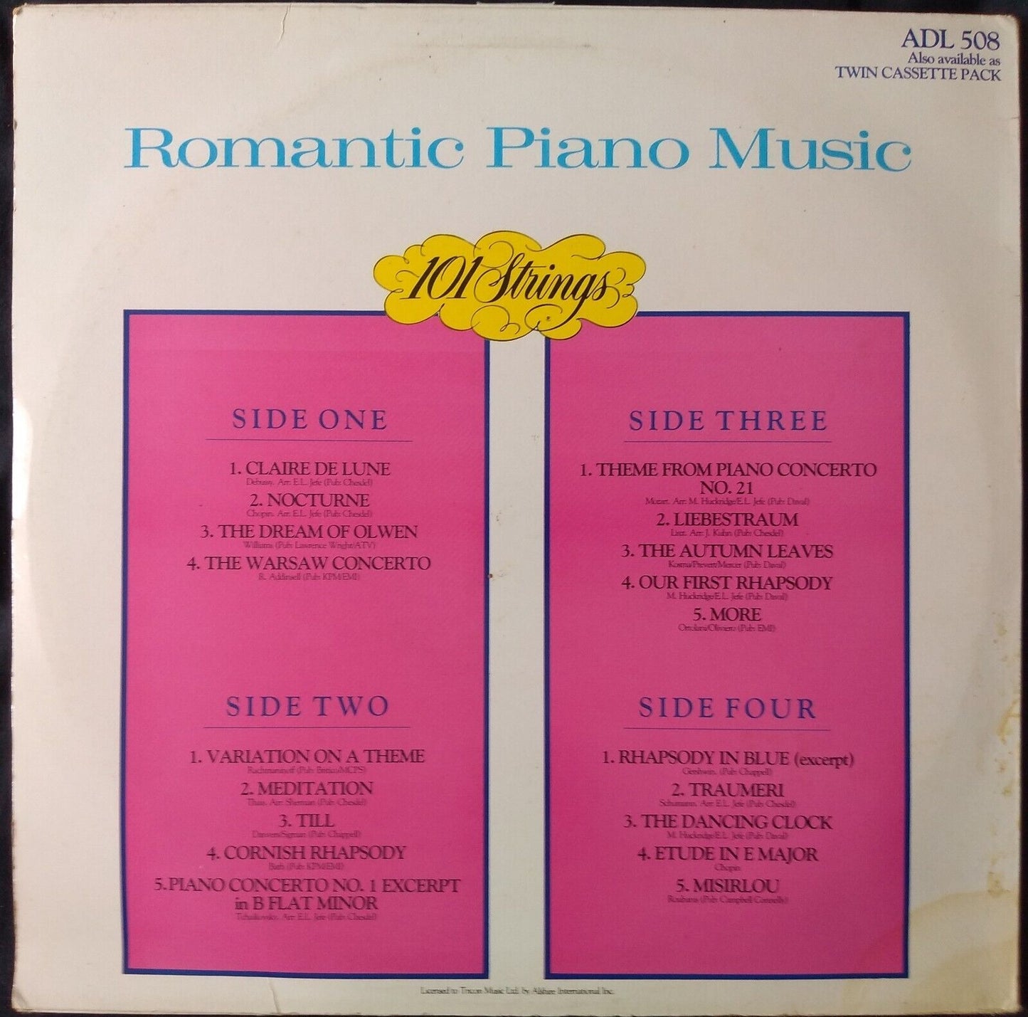 101 Strings ‎– Romantic Piano Music (Avon 1988) 2x12" vinyl LP VG/VG