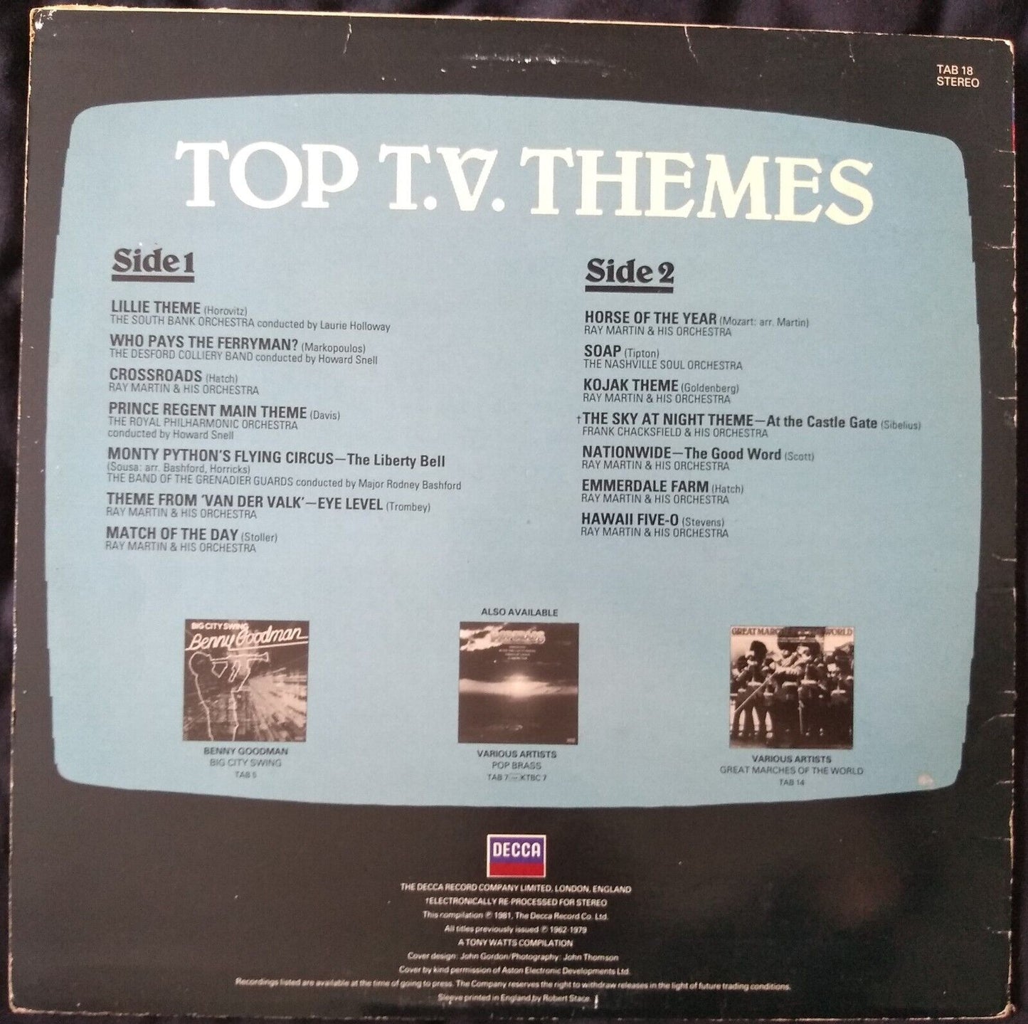 Various ‎– Top T.V. Themes (Decca 1981) 12" vinyl LP VG/VG