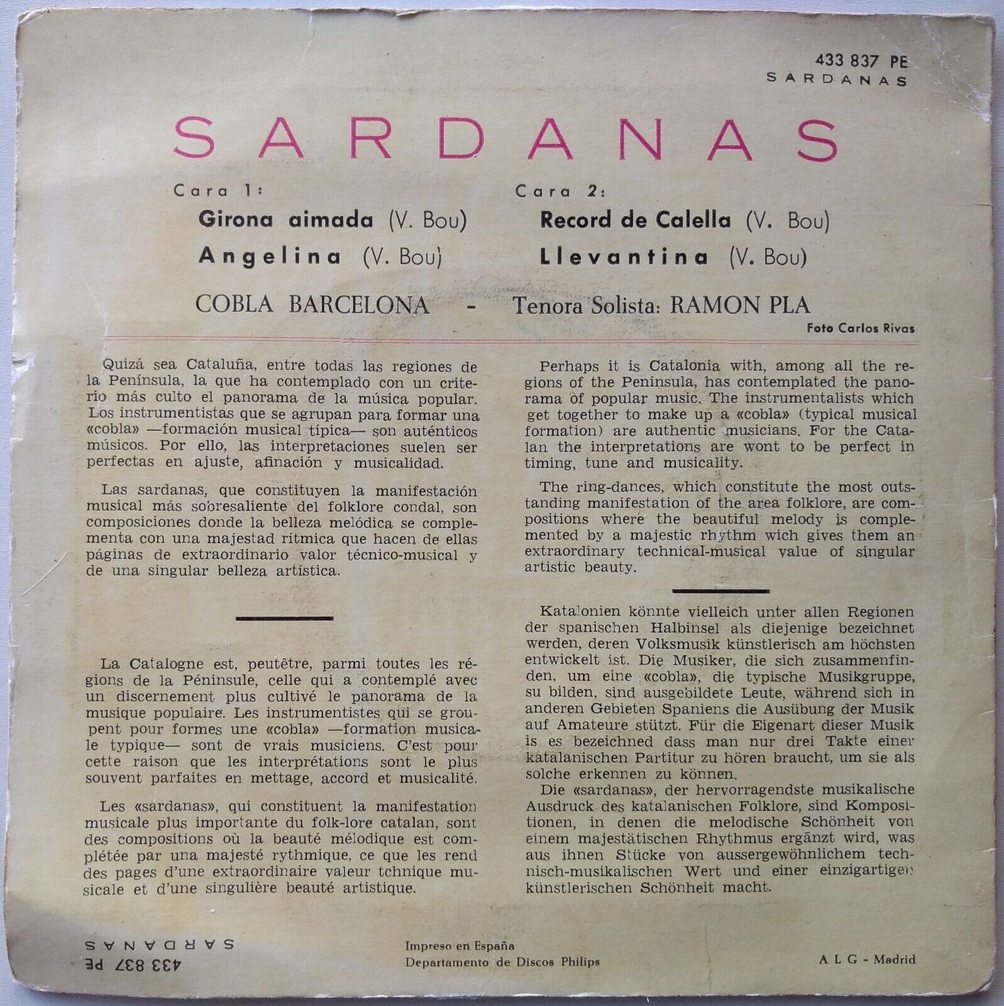 Cobla Barcelona - Sardanas (Philips 1962) 7" vinyl EP VG/G+ jukebox centre