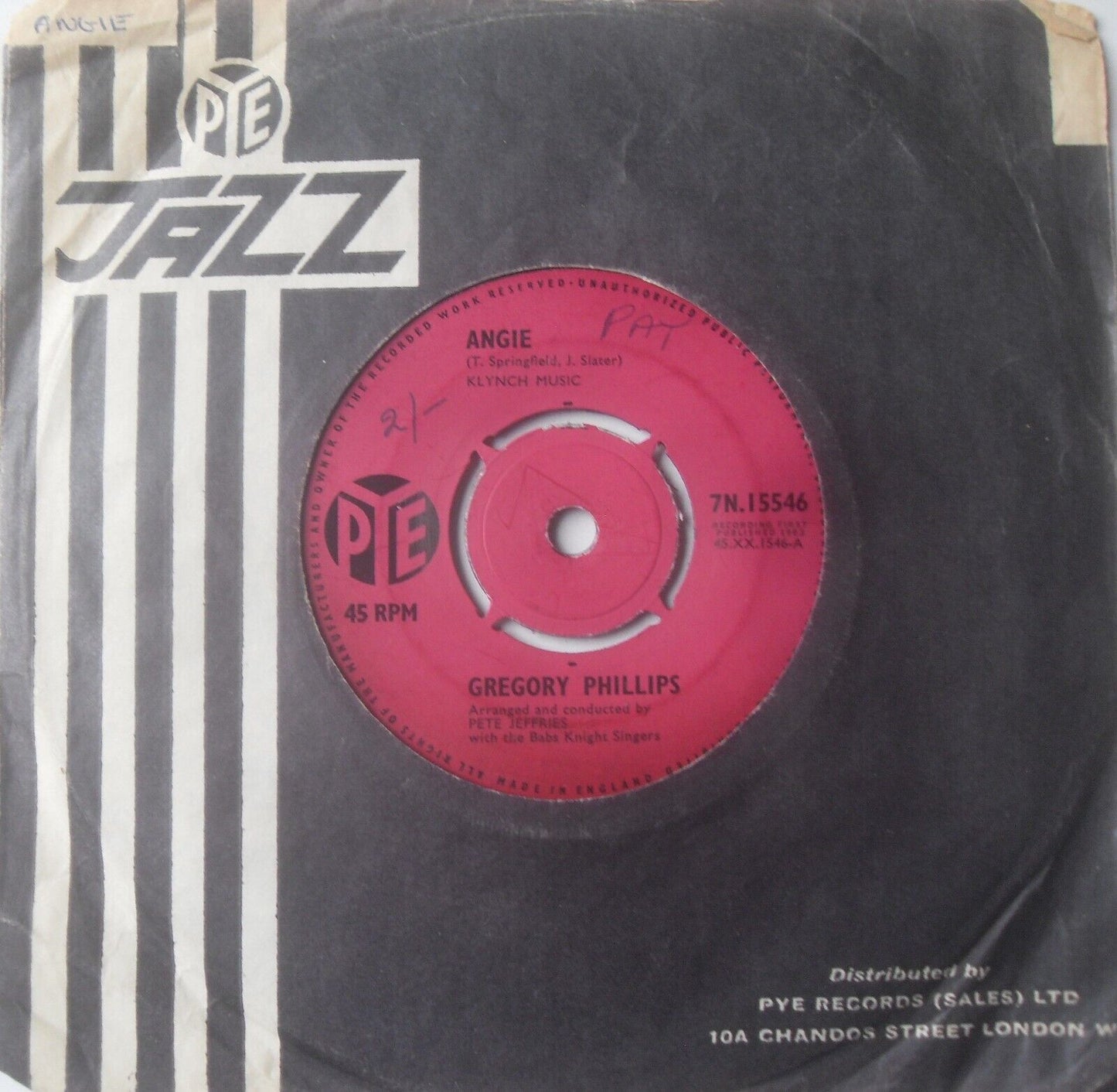 Gregory Phillips – Angie (Pye, 1963) 7" vinyl single VG/- Jimmy Page