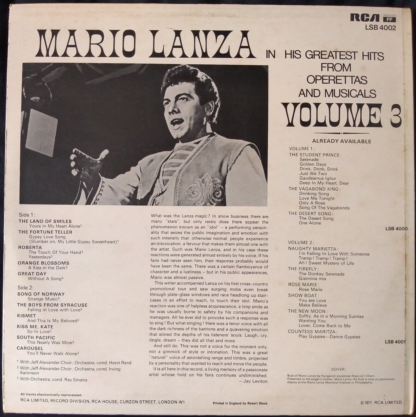 Mario Lanza – In His Greatest Hits From Operettas And Musicals Volume 3 LP VG