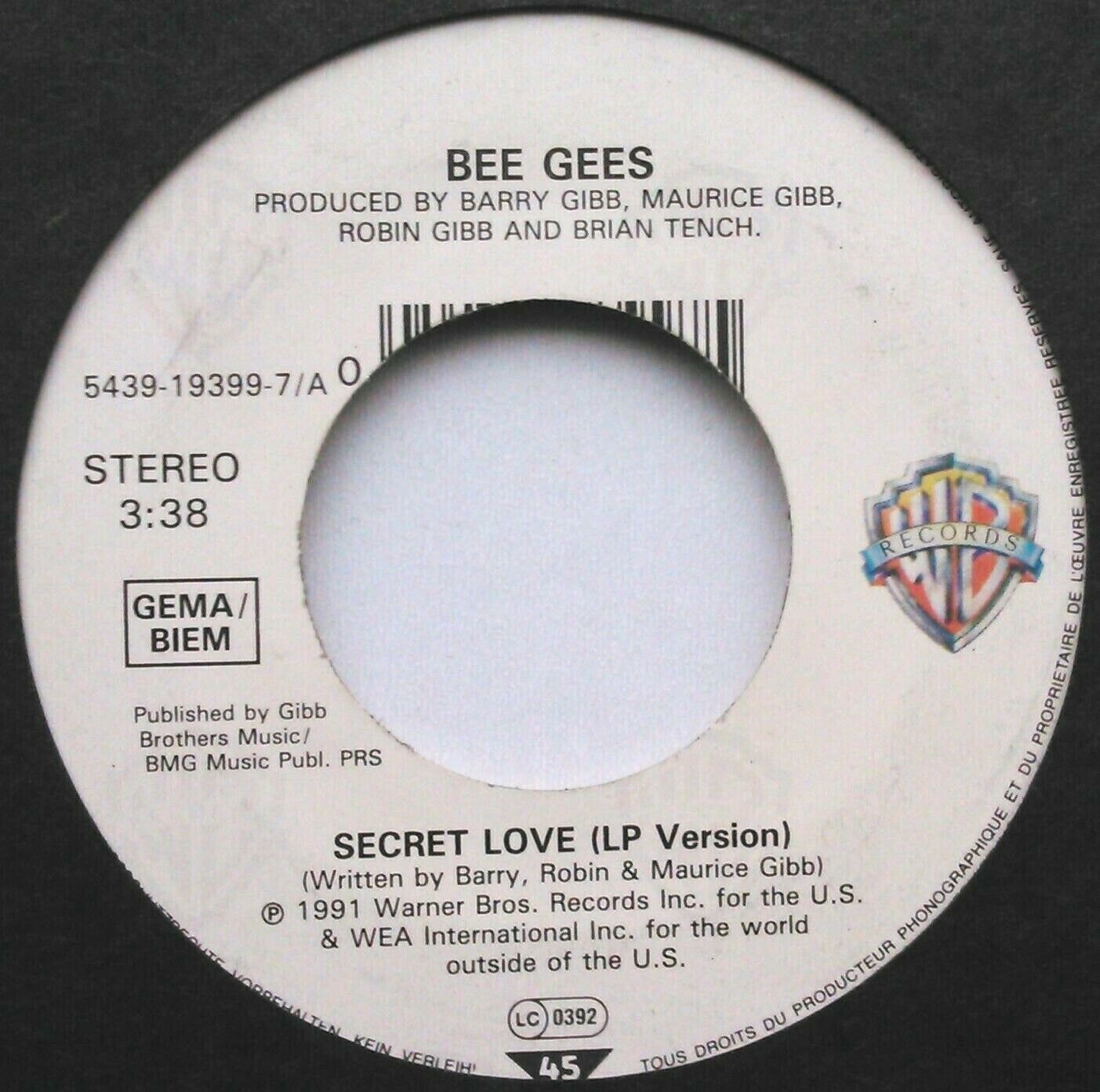 Bee Gees – Secret Love (WB, 1991) 7" vinyl single VG/- jukebox centre