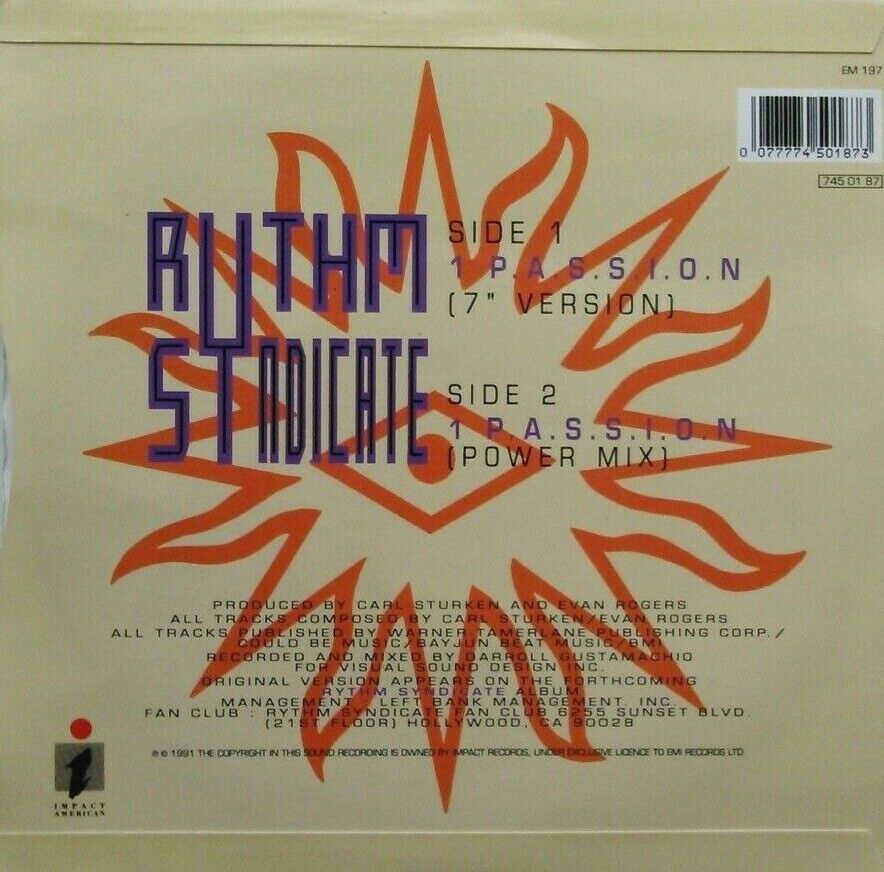 Rythm Syndicate - P.A.S.S.I.O.N. (1991) 7" vinyl P/S single VG/VG