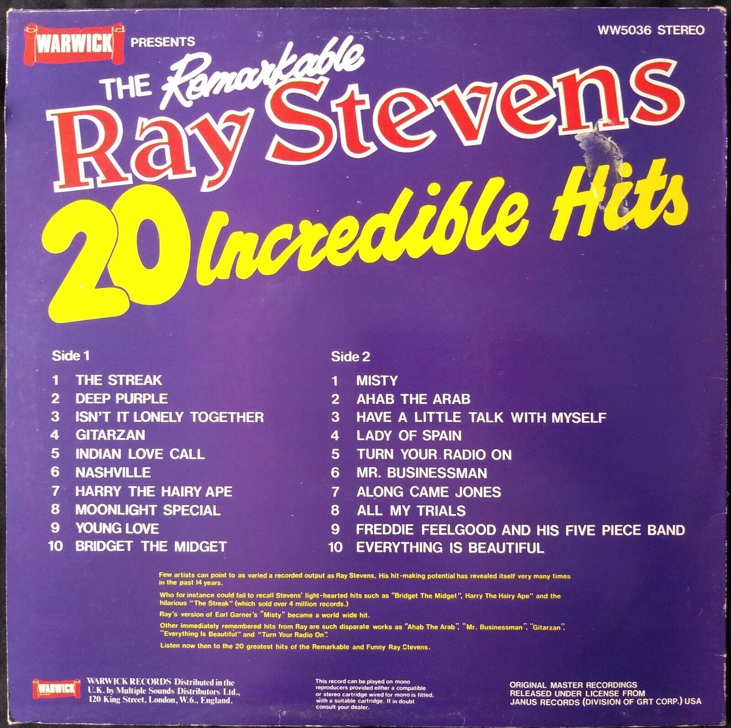 Ray Stevens - The Remarkable Ray Stevens (Warwick 1977) 12" vinyl LP VG/VG