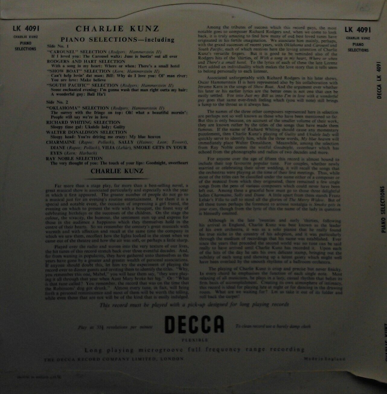 Charlie Kunz ‎– Piano Selections (Decca) 12" vinyl LP VG/VG