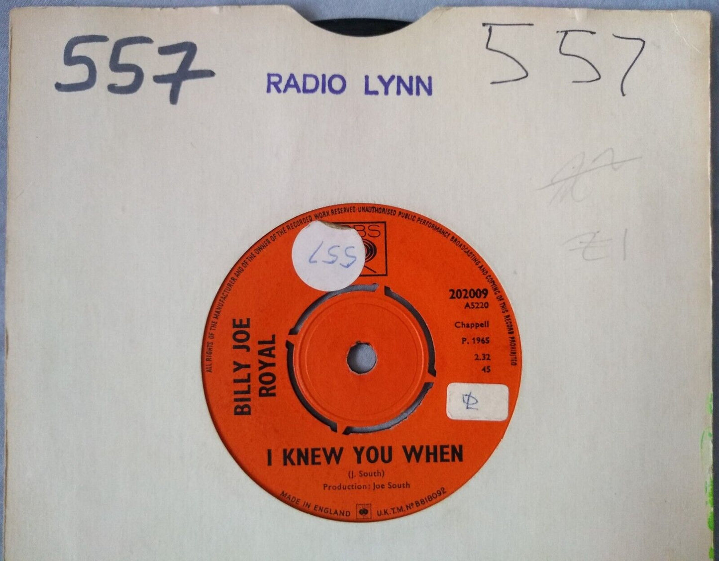 Billy Joe Royal – I Knew You When (CBS 1965) 7" vinyl single VG/-