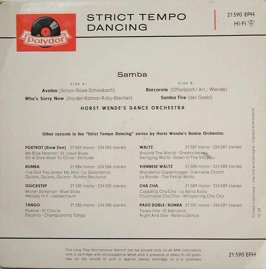 Horst Wende's Dance Orchestra - Strict Tempo Dancing - Samba 7" vinyl EP VG/VG