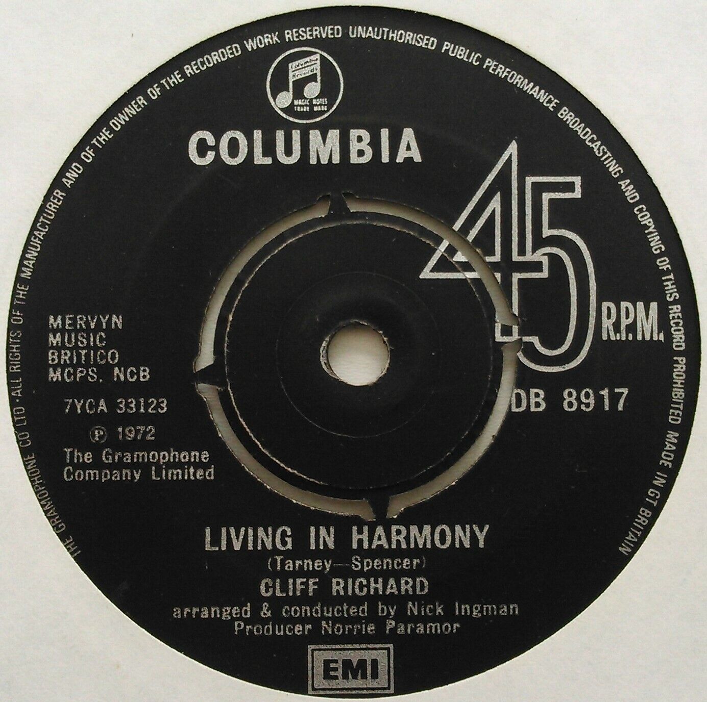 Cliff Richard - Living In Harmony (Columbia, 1972) 7" vinyl single VG/-