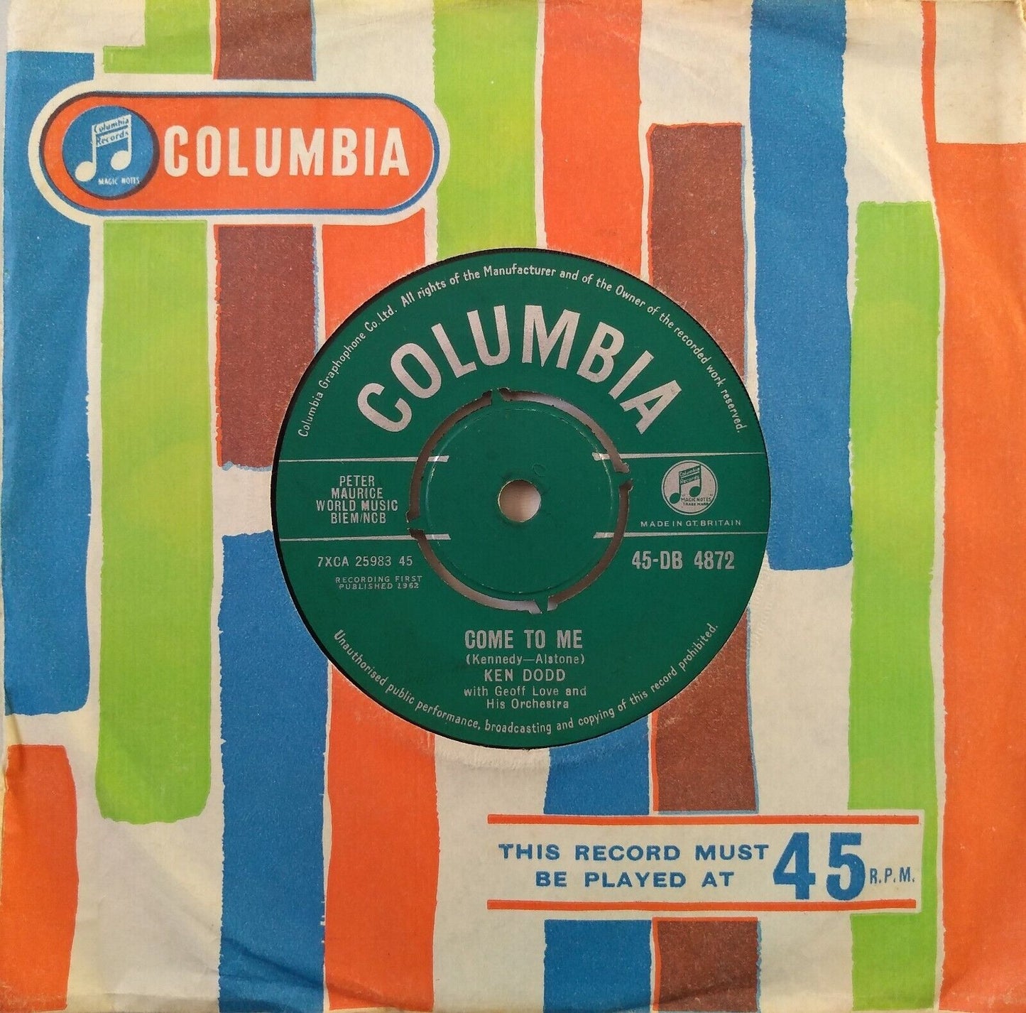 Ken Dodd - Come To Me (Columbia, 1962) 7" vinyl single VG/VG