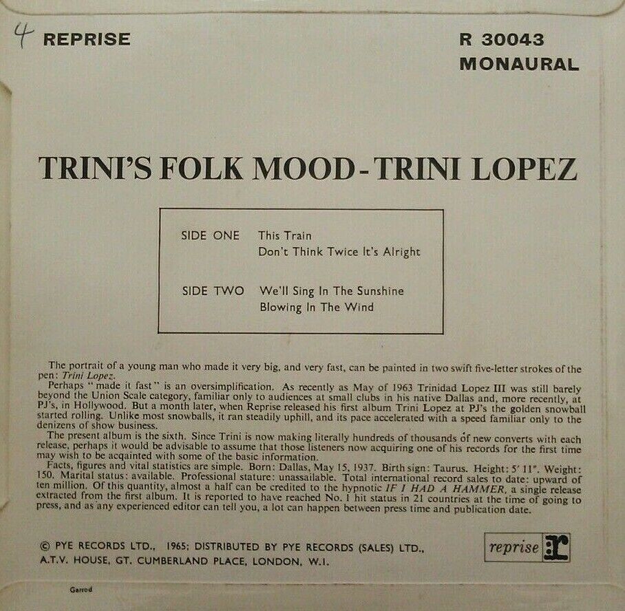 Trini Lopez – Trini's Folk Mood (Reprise, 1964) 7" vinyl P/S EP VG/VG