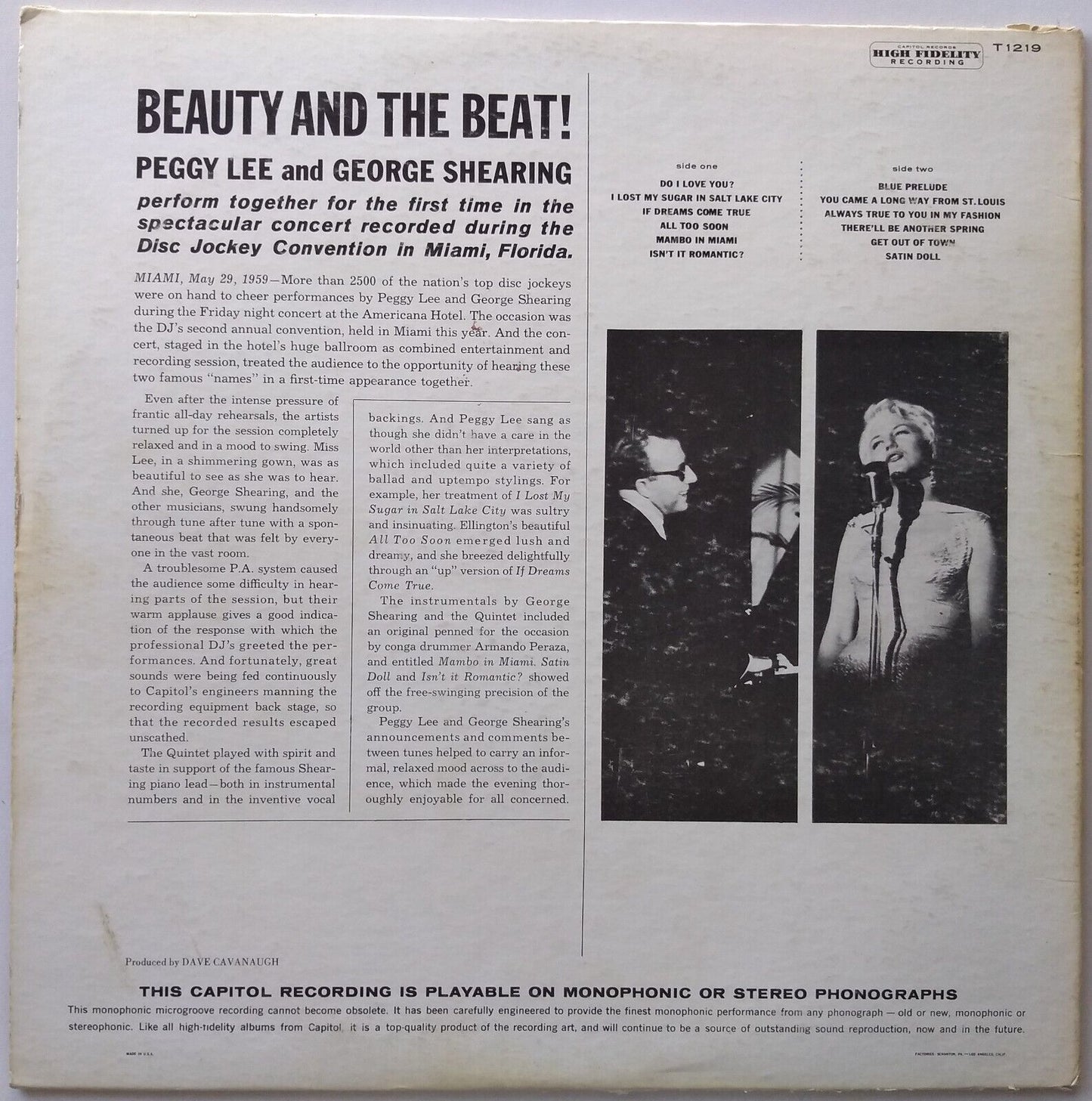 Peggy Lee & George Shearing - Beauty and the Beat (Capitol 1959) 12" vinyl LP VG