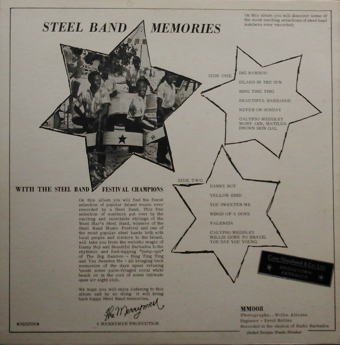 West Stars Steel Band – Steel Band Memories 12" vinyl LP VG/VG Barbados