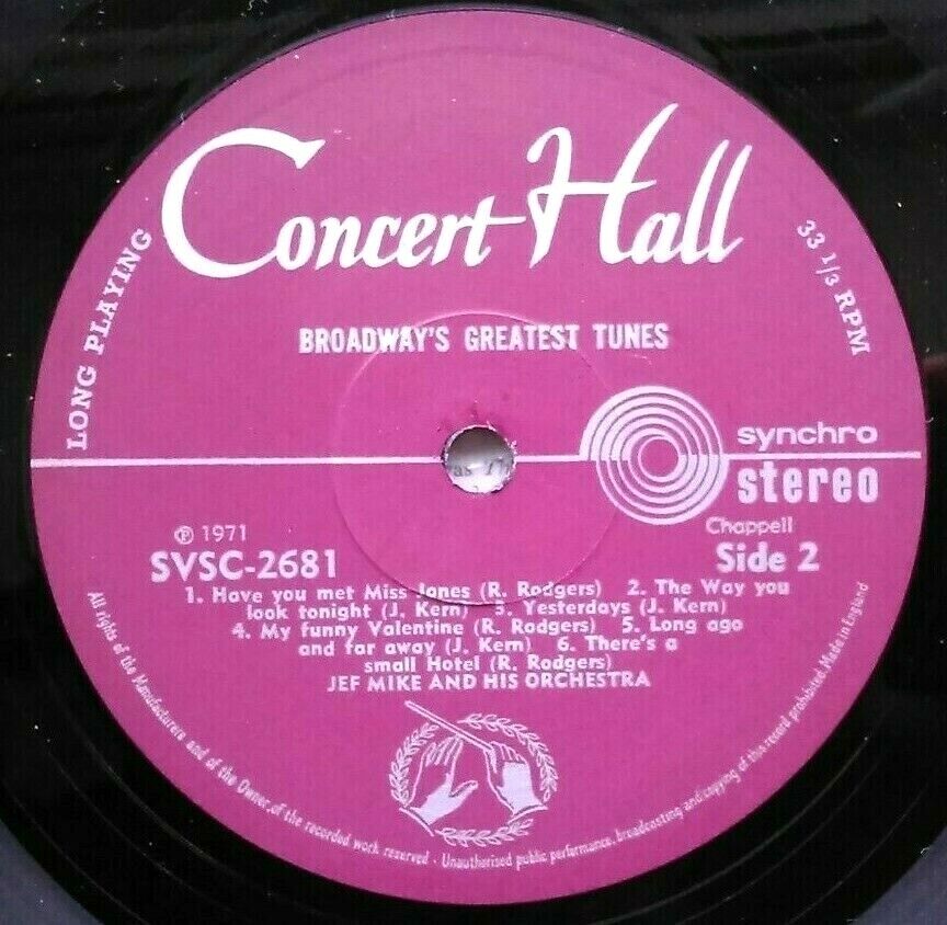 Jef Mike - Broadway's Greatest Tunes (Concert Hall, 1971) 12" vinyl LP VG/VG