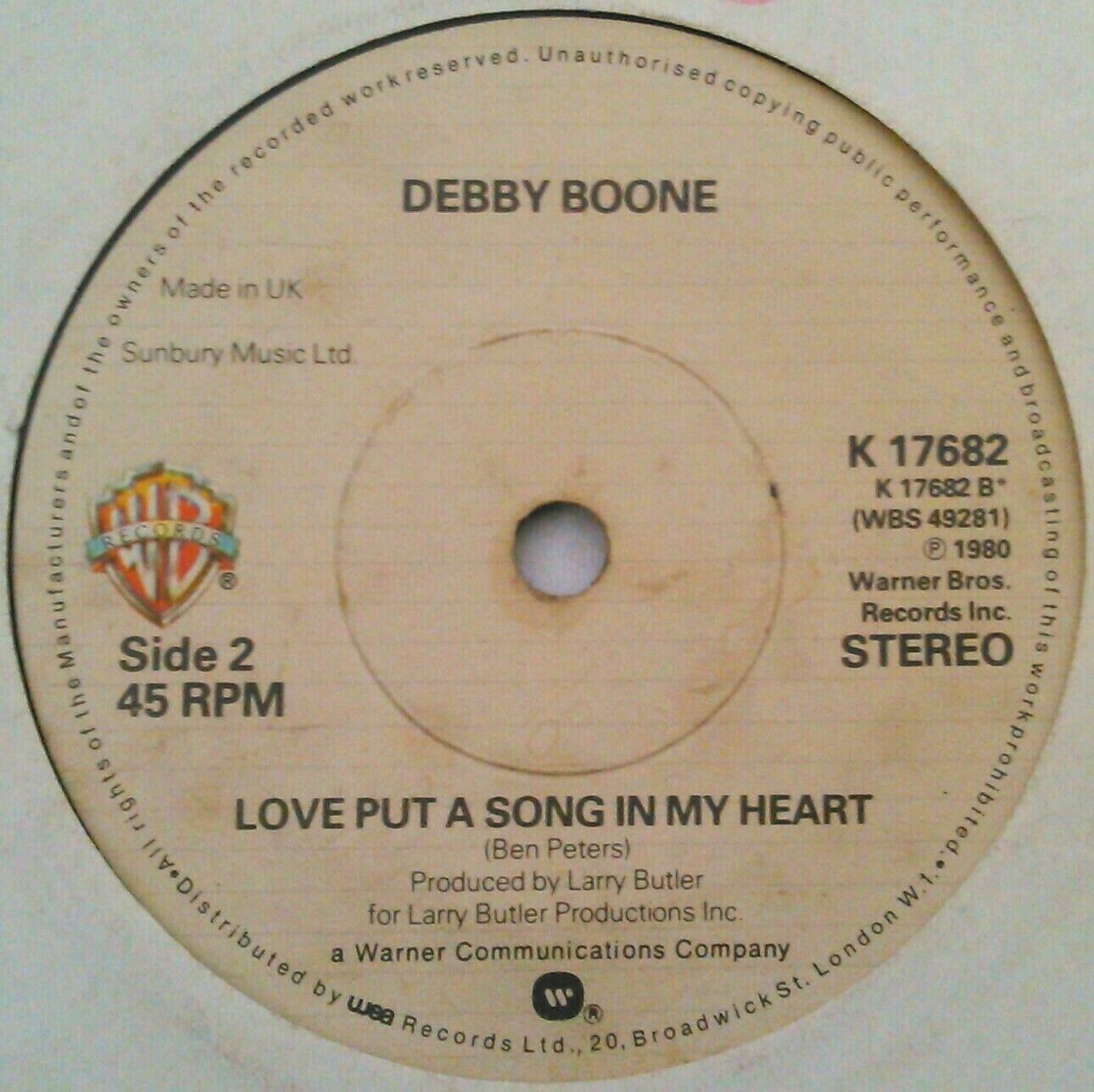 Debby Boone - Free To Be Lonely Again (WB, 1980) 7" vinyl single VG/-