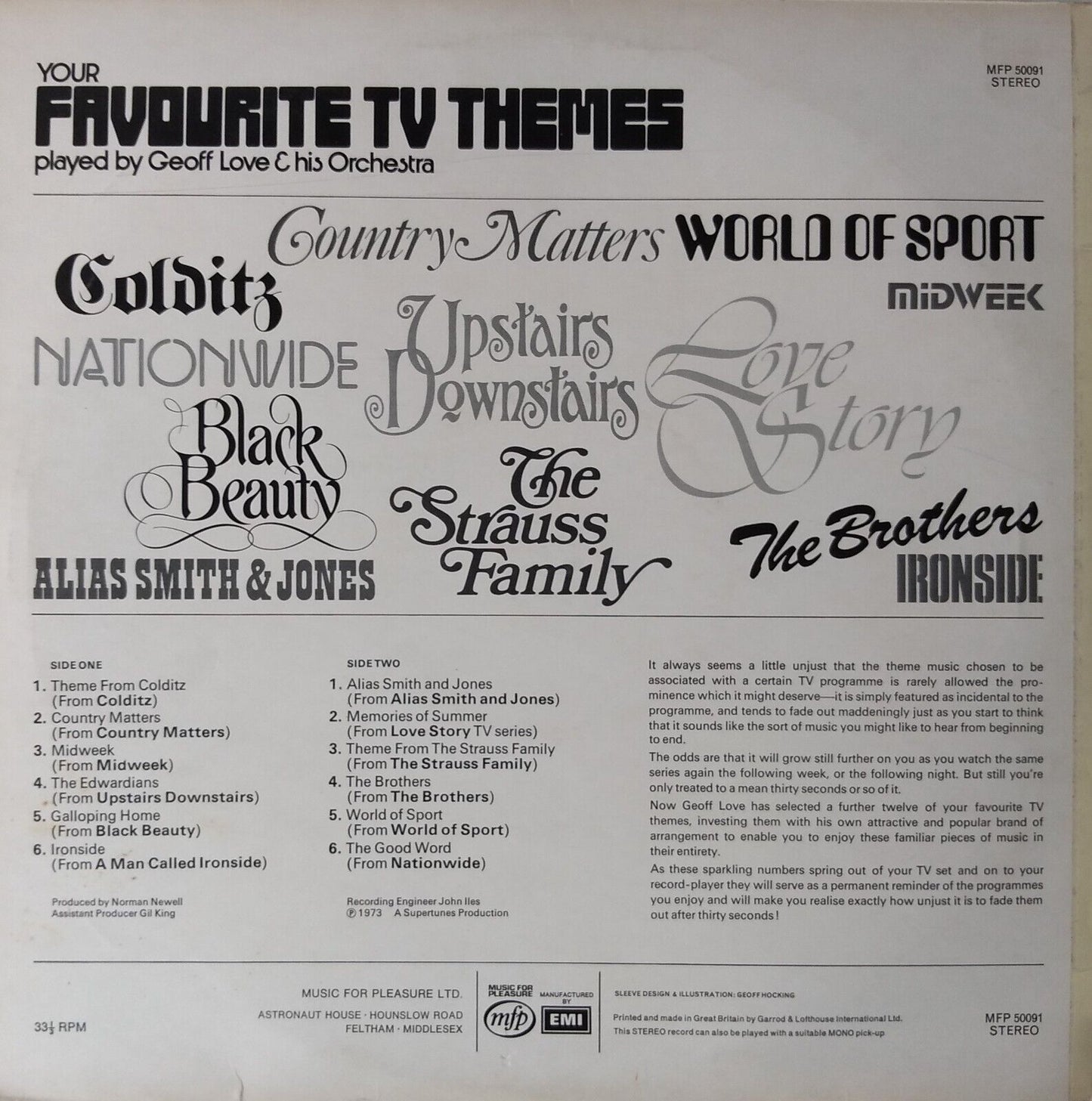 Geoff Love – Your Favourite T.V. Themes (EMI, 1973) 12" vinyl LP VG/VG