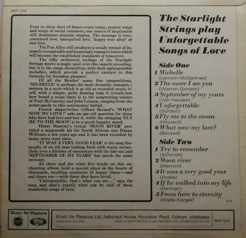 Starlight Strings Play Unforgettable Songs of Love (1967) 12" vinyl LP VG/VG