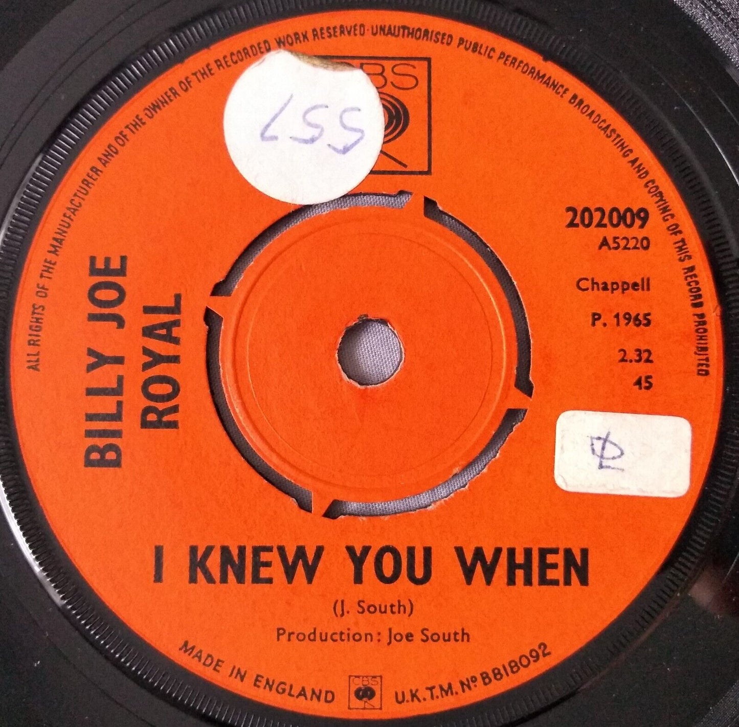 Billy Joe Royal – I Knew You When (CBS 1965) 7" vinyl single VG/-