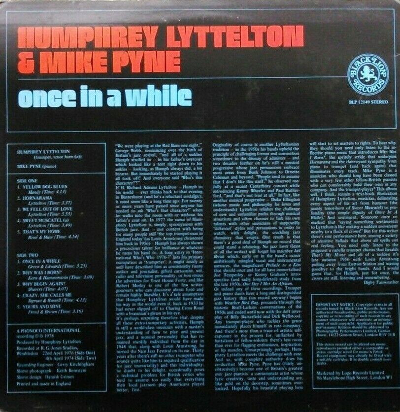 Humphrey Lyttelton & Mike Pyne – Once In A While (1978) 12" vinyl LP VG/VG