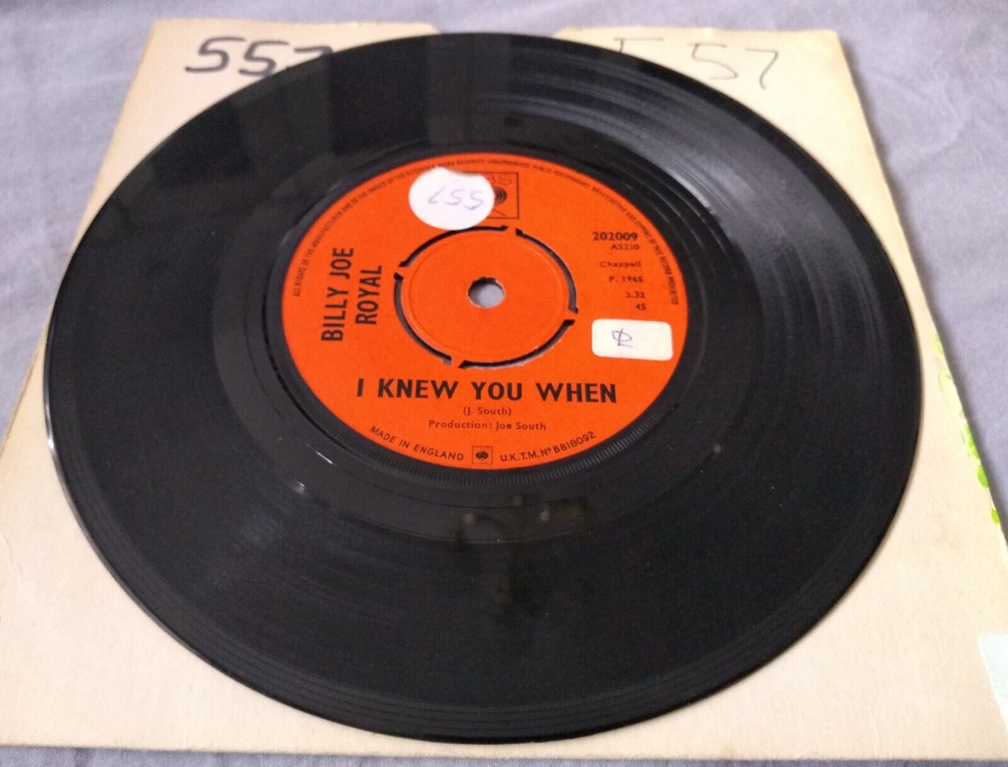 Billy Joe Royal – I Knew You When (CBS 1965) 7" vinyl single VG/-