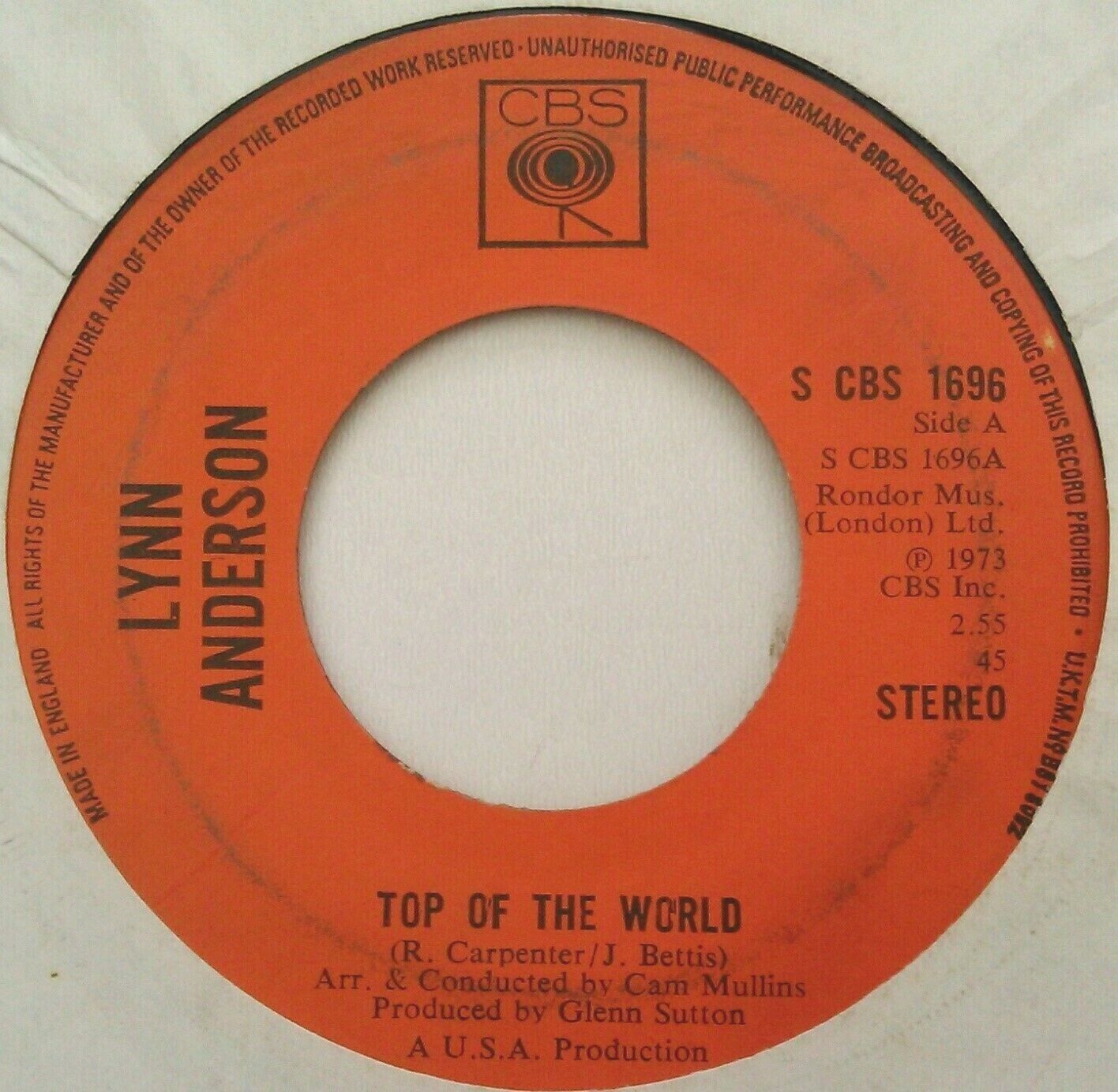 Lynn Anderson – Top Of The World (CBS, 1973) 7" vinyl single VG/- jukebox