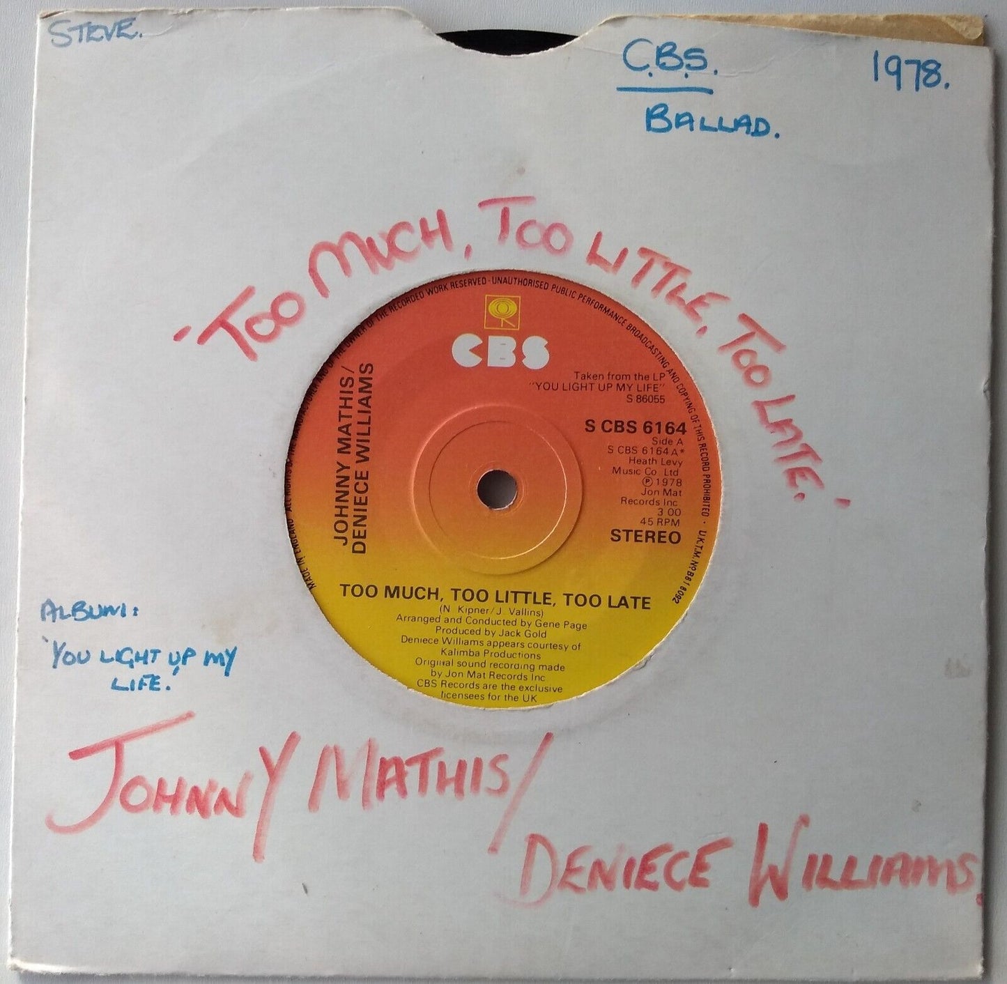 Johnny Mathis / Deniece Williams – Too Much, Too Little, Too Late 7" single VG/-