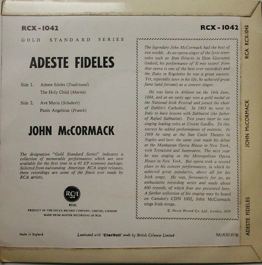 John McCormack - Adeste Fideles (RCA, 1959) 7" vinyl P/S EP VG/VG