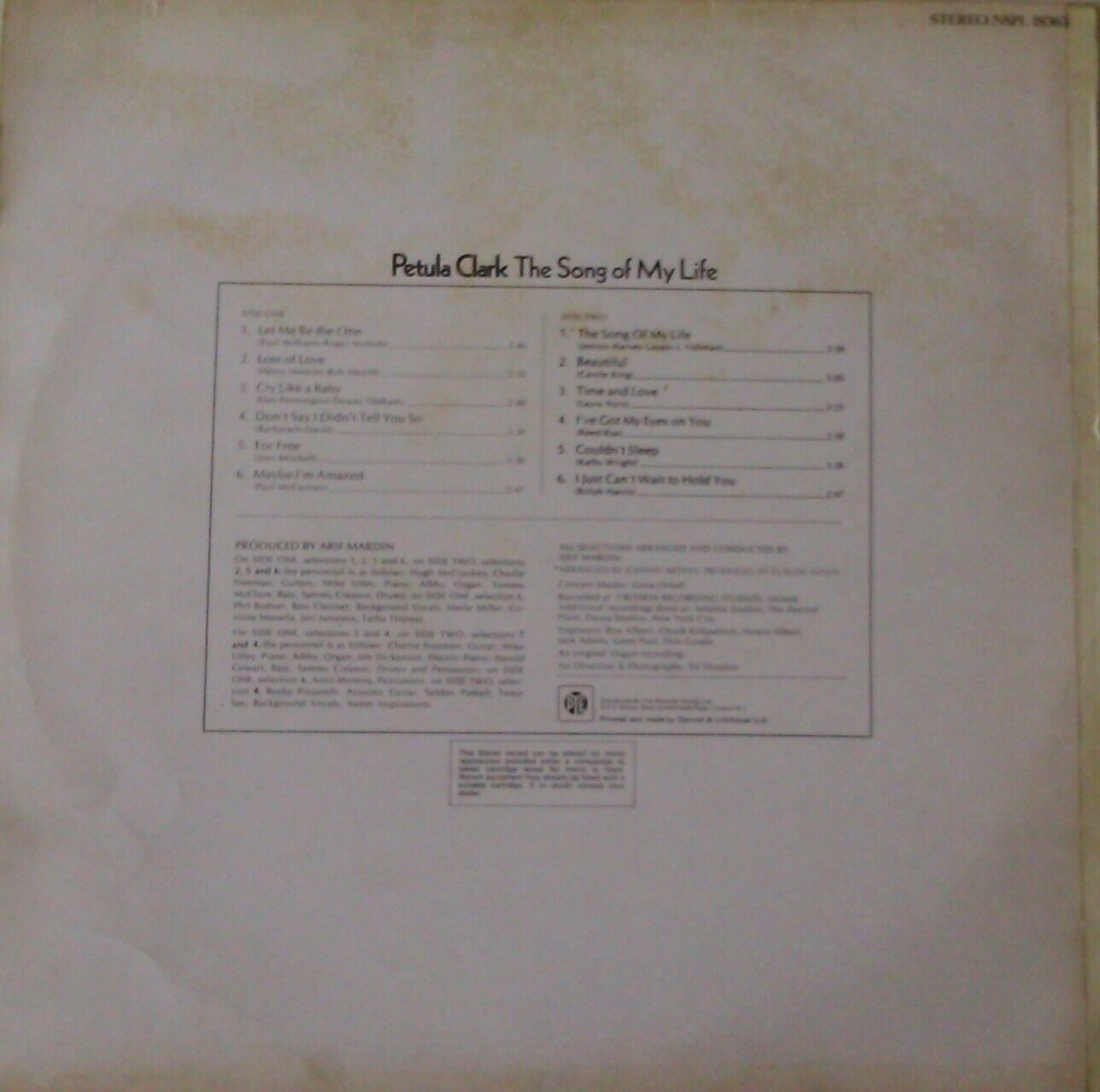 Petula Clark – The Song Of My Life (Pye, 1971) 12" vinyl LP G+/VG