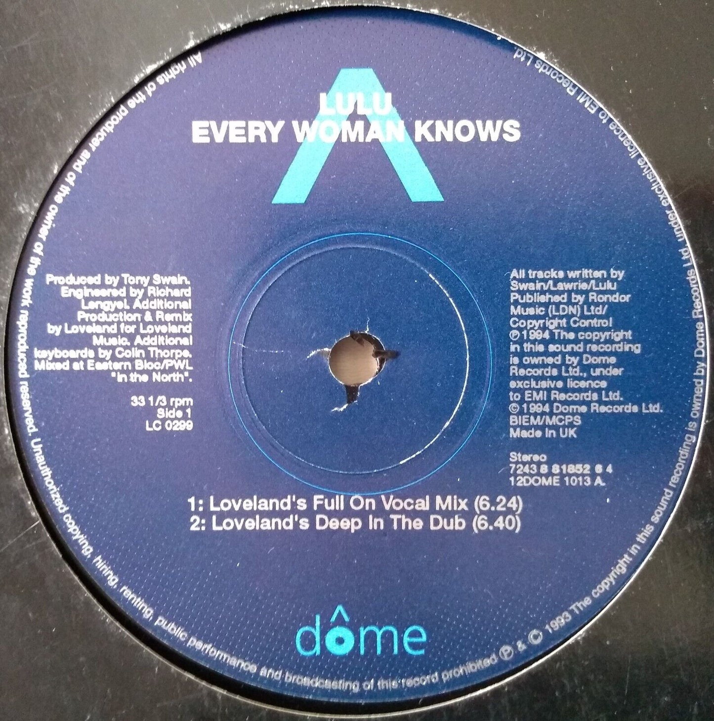 Lulu - Every Woman Knows (Dome 1994) 12" vinyl single VG/VG