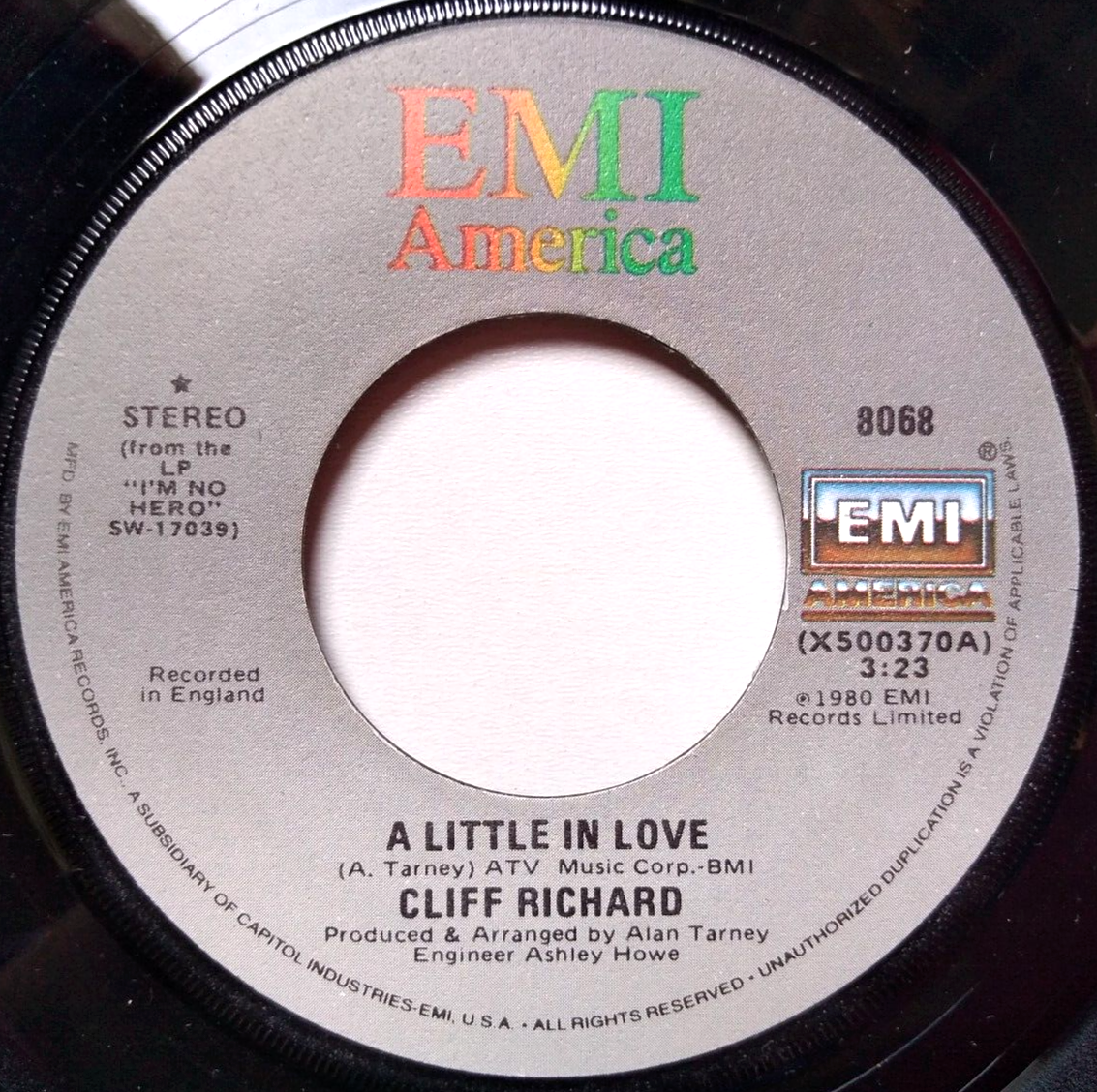 Cliff Richard – A Little In Love (EMI 1980) 7" vinyl single VG/- US jukebox