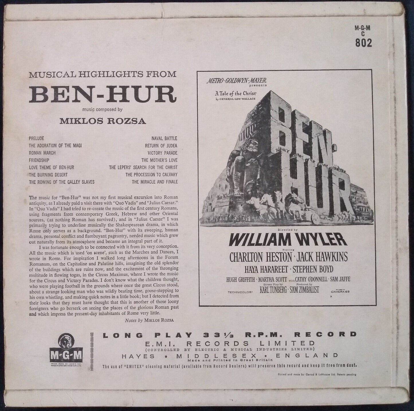 Miklos Rozsa - Ben-Hur (Original Motion Picture Soundtrack) 12" vinyl LP VG/VG