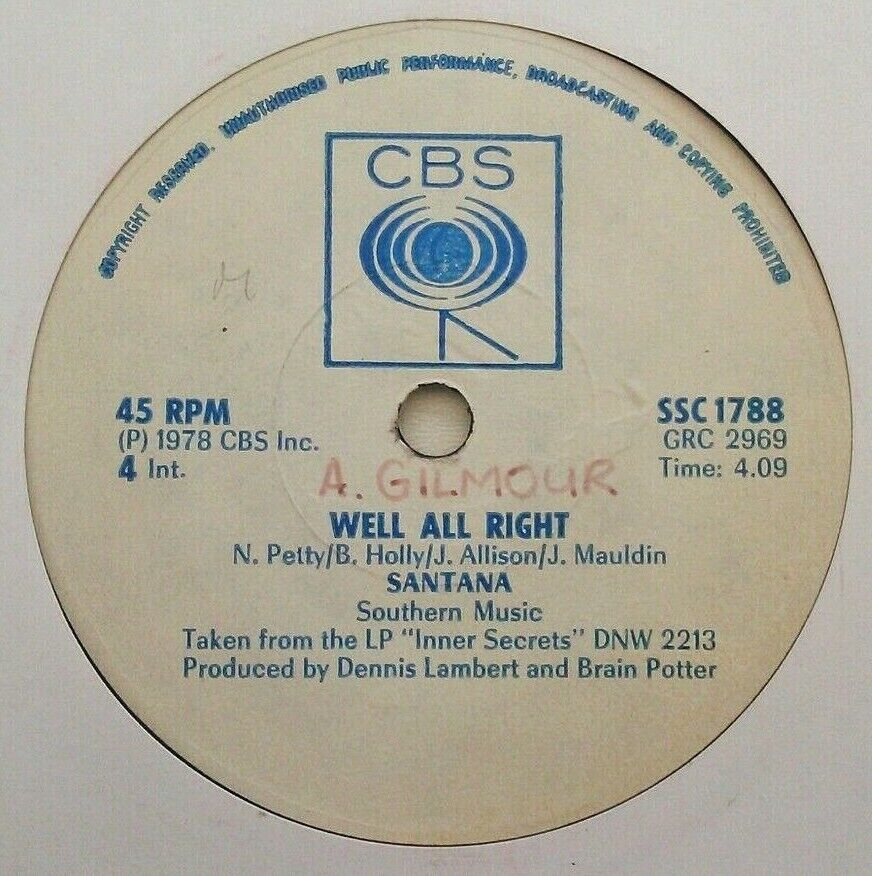 Santana – Well All Right (CBS, 1978) 7" vinyl single VG/- Rhodesian (Zimbabwe)