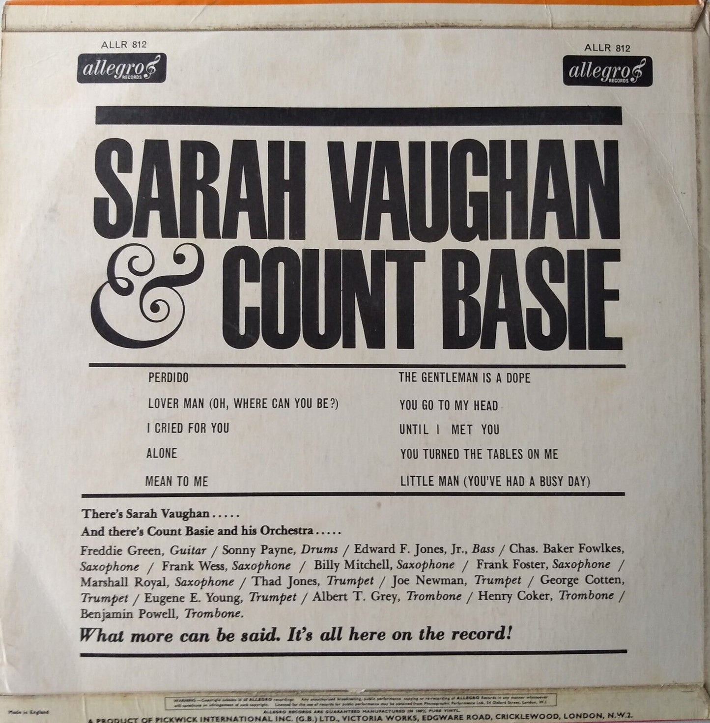 The Fabulous Sarah Vaughan With Count Basie (Allegro, 1966) 12" vinyl LP VG/VG