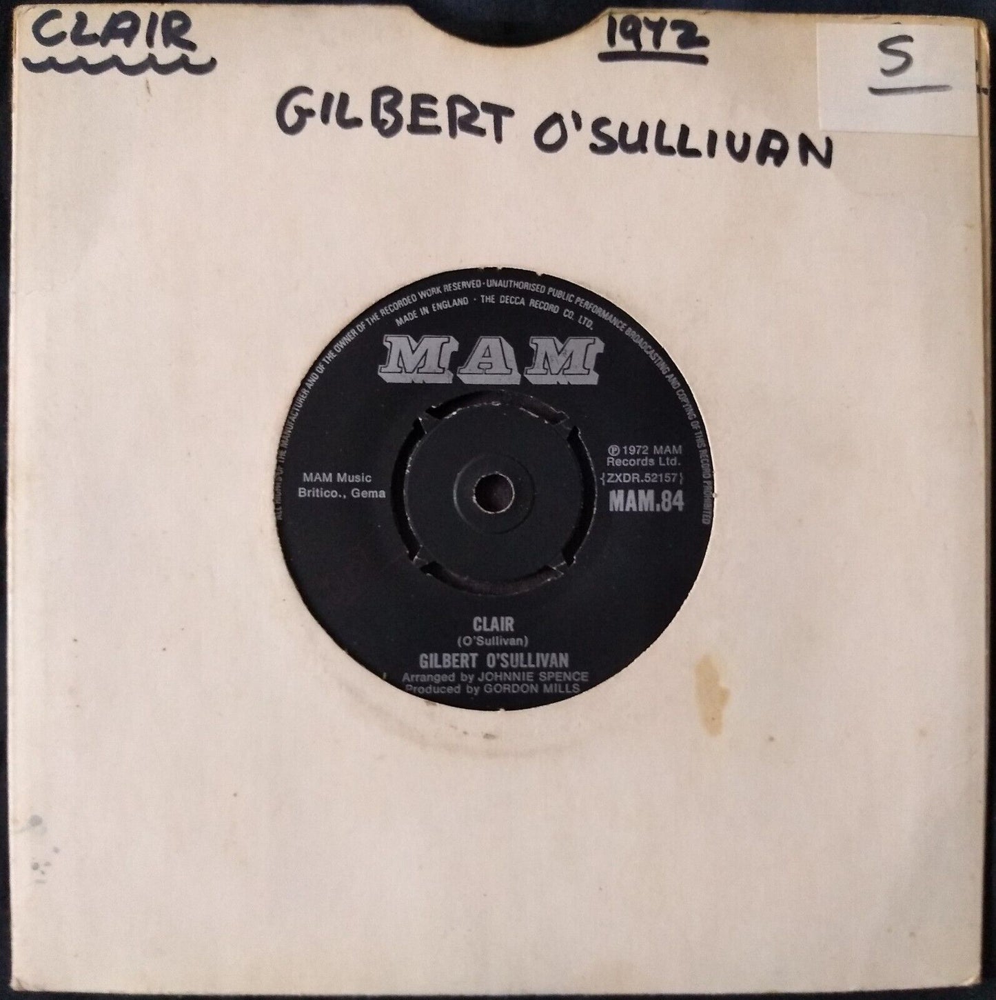 Gilbert O'Sullivan - Clair (MAM 1972) 7" vinyl single VG/-