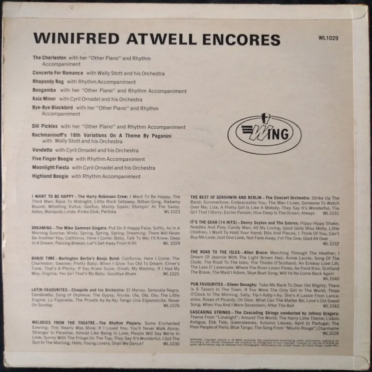 Winifred Atwell - Encores (Wing 1965) 12" vinyl LP VG/VG