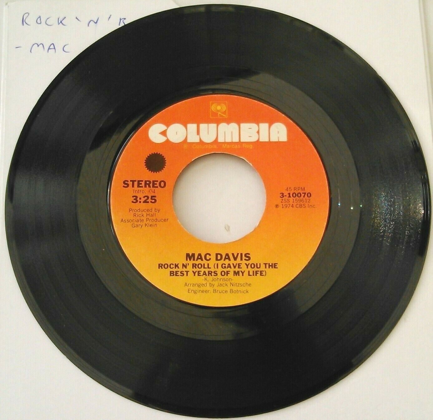 Mac Davis - Rock N' Roll (CBS, 1974) 7" vinyl single VG/- US jukebox centre