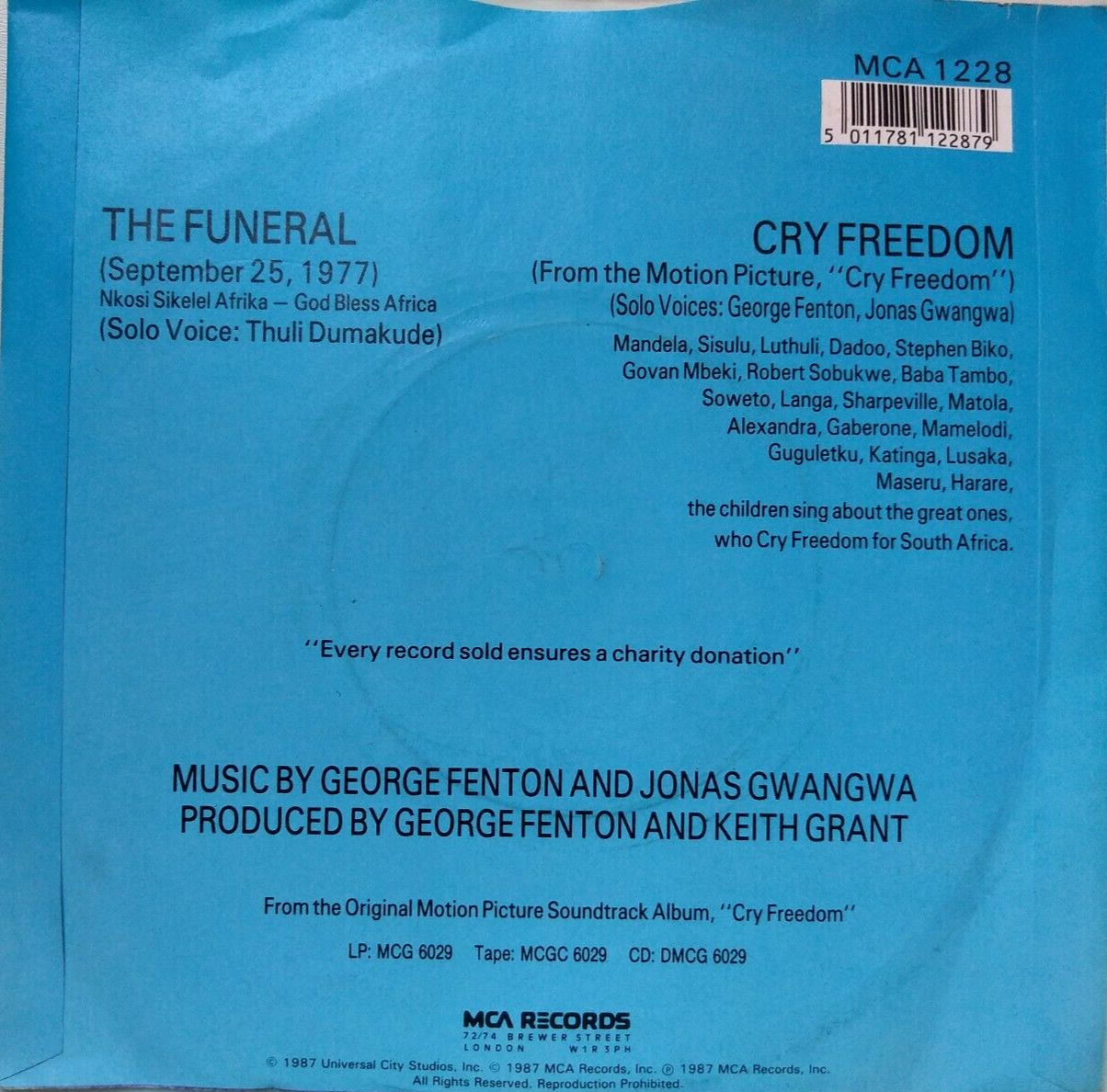 George Fenton and Jonas Gwangwa - Cry Freedom (MCA 1987) 7" vinyl single VG/VG