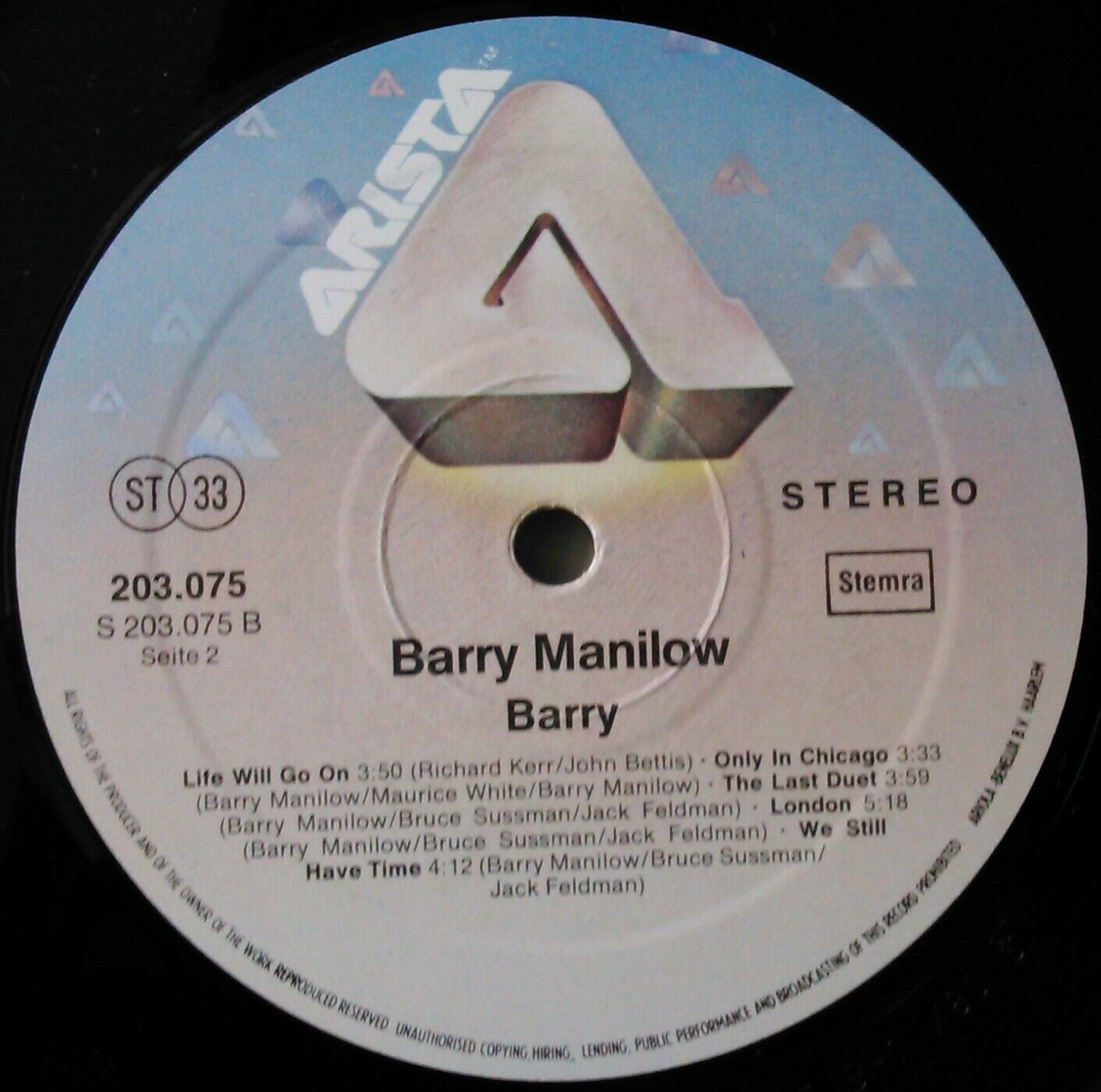 Barry Manilow – Barry (Arista, 1980) 12" vinyl LP VG/VG German import