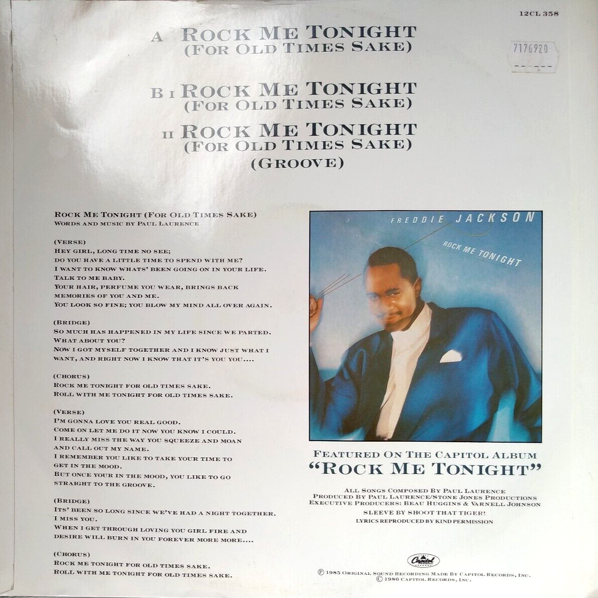 Freddie Jackson - Rock Me Tonight (Capitol 1985) 12" vinyl single VG/VG