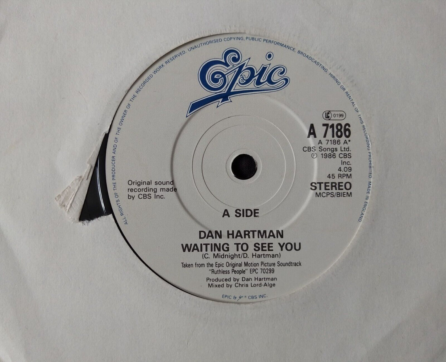 Dan Hartman - Waiting To See You (Epic 1986) 7" vinyl single VG/-