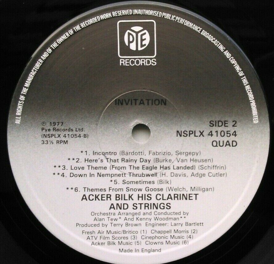 Acker Bilk His Clarinet And Strings – Invitation (Pye, 1977) 12" vinyl LP VG/VG