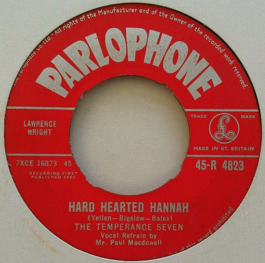 The Temperance Seven – Hard Hearted Hanna (Parlophone,1961) 7" vinyl single VG/-