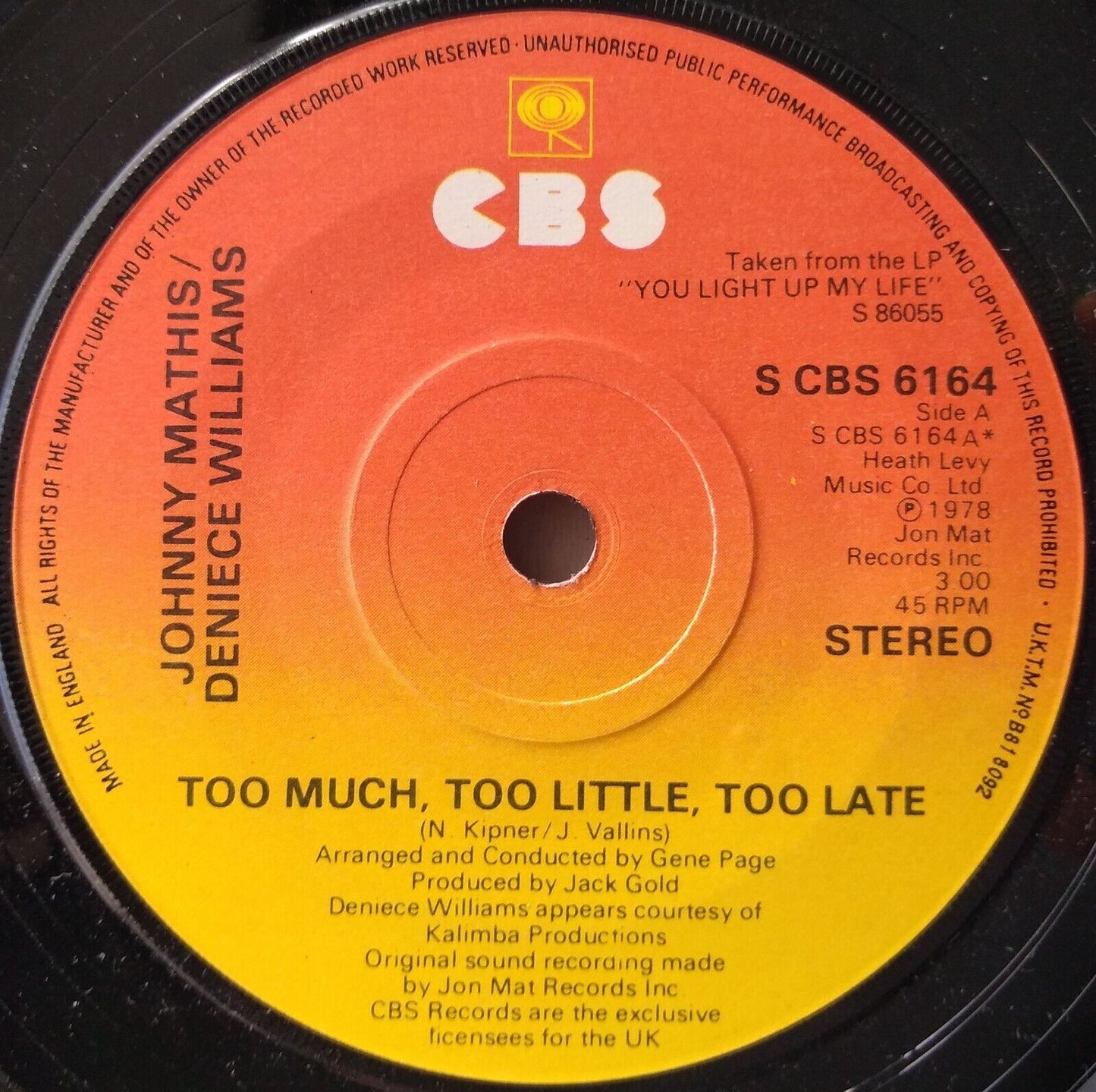 Johnny Mathis / Deniece Williams – Too Much, Too Little, Too Late 7" single VG/-