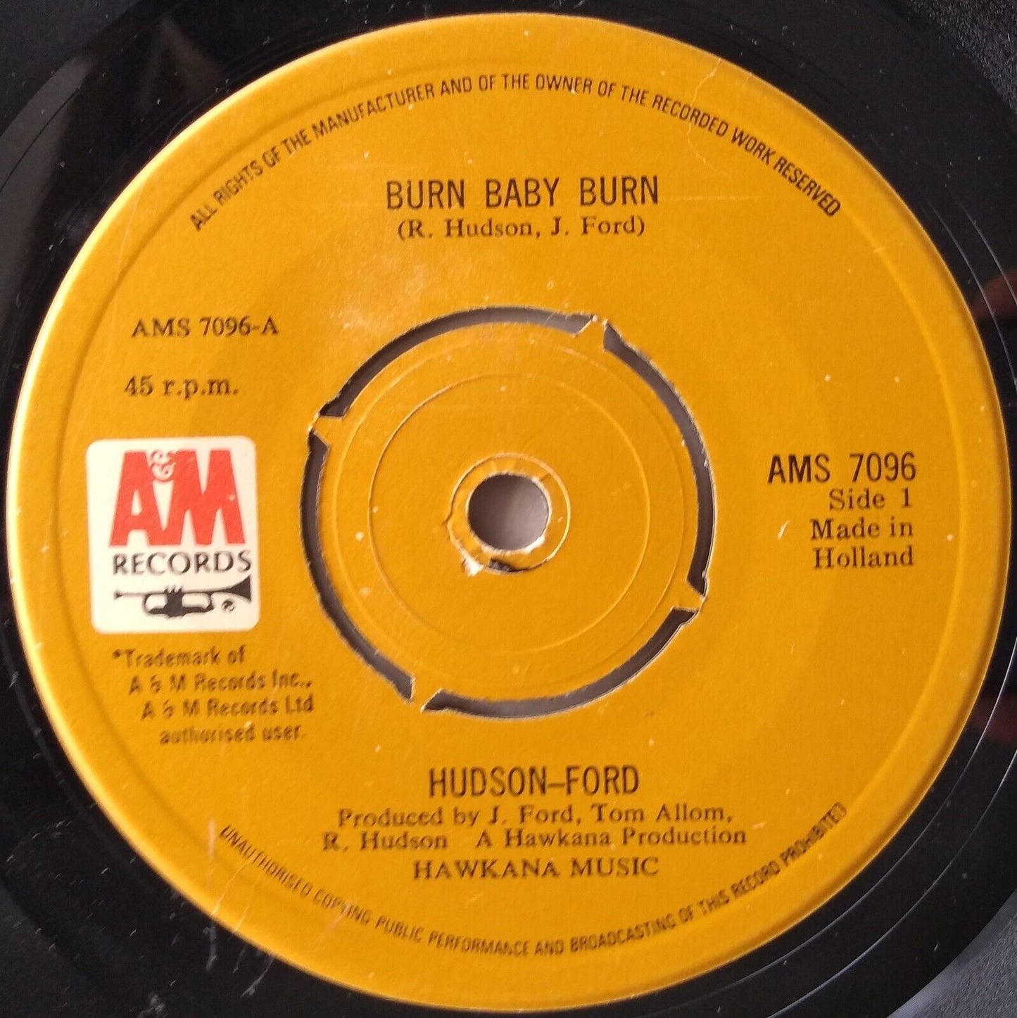 Hudson-Ford - Burn Baby Burn (A&M 1974) 7" vinyl single VG/-